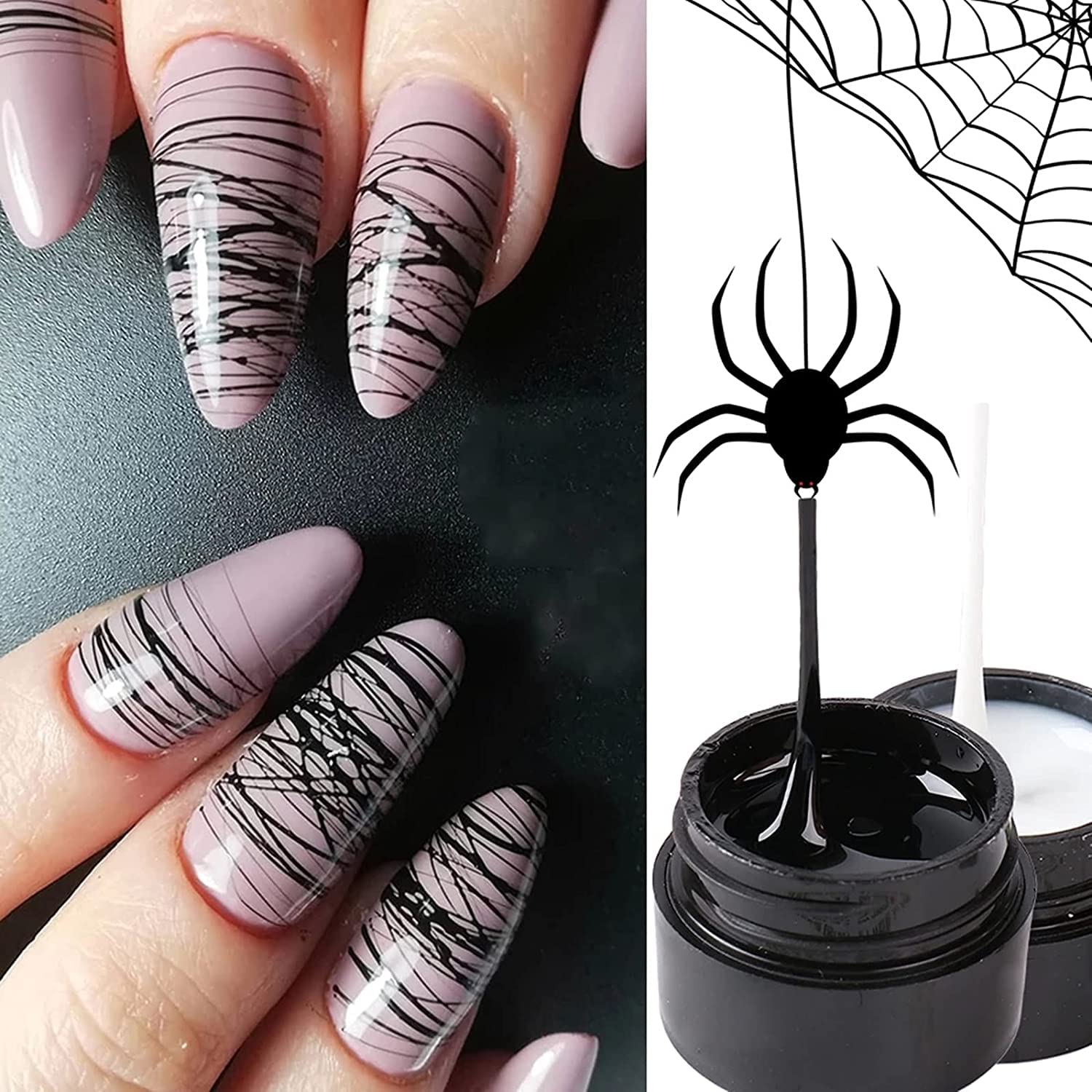 D.B.Z. Black Spider Gel Polish Kit - UV LED Nail Art Paint for Spider Web Design, Black & White Gel Polish Set - Perfect for Halloween, Gothic, and Creative Nail Designs