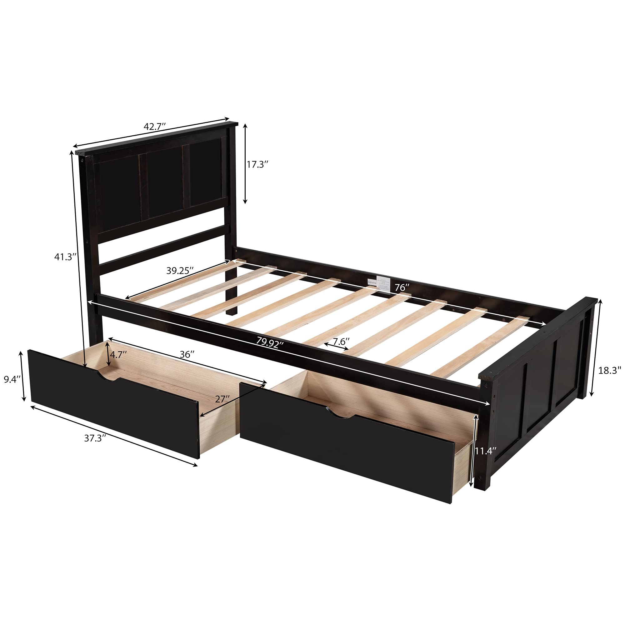JINS&VICO Twin Size Solid Wood Platform Bed with 2 Storage Drawers - No Box Spring Needed, Espresso Finish - Perfect for Boys, Girls & Teens Bedrooms, Dorm Rooms or Guest Rooms