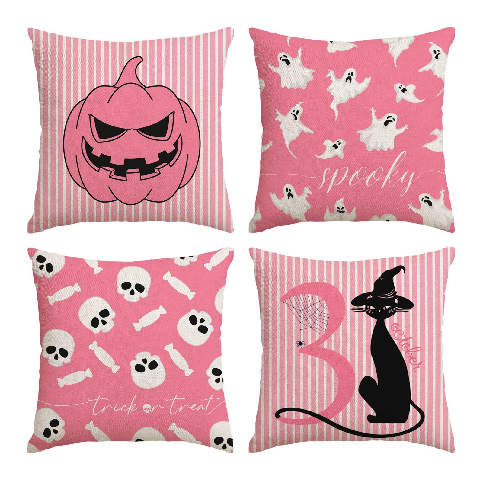 Halloween Pillow Covers 12x12 Inch Set of 4 - Cute Pink Ghost Skull Cat Pumpkin Decorative Throw Pillow Cases for Sofa, Couch, Bed - Spooky Home Decor & Outdoor Halloween Party Decoration