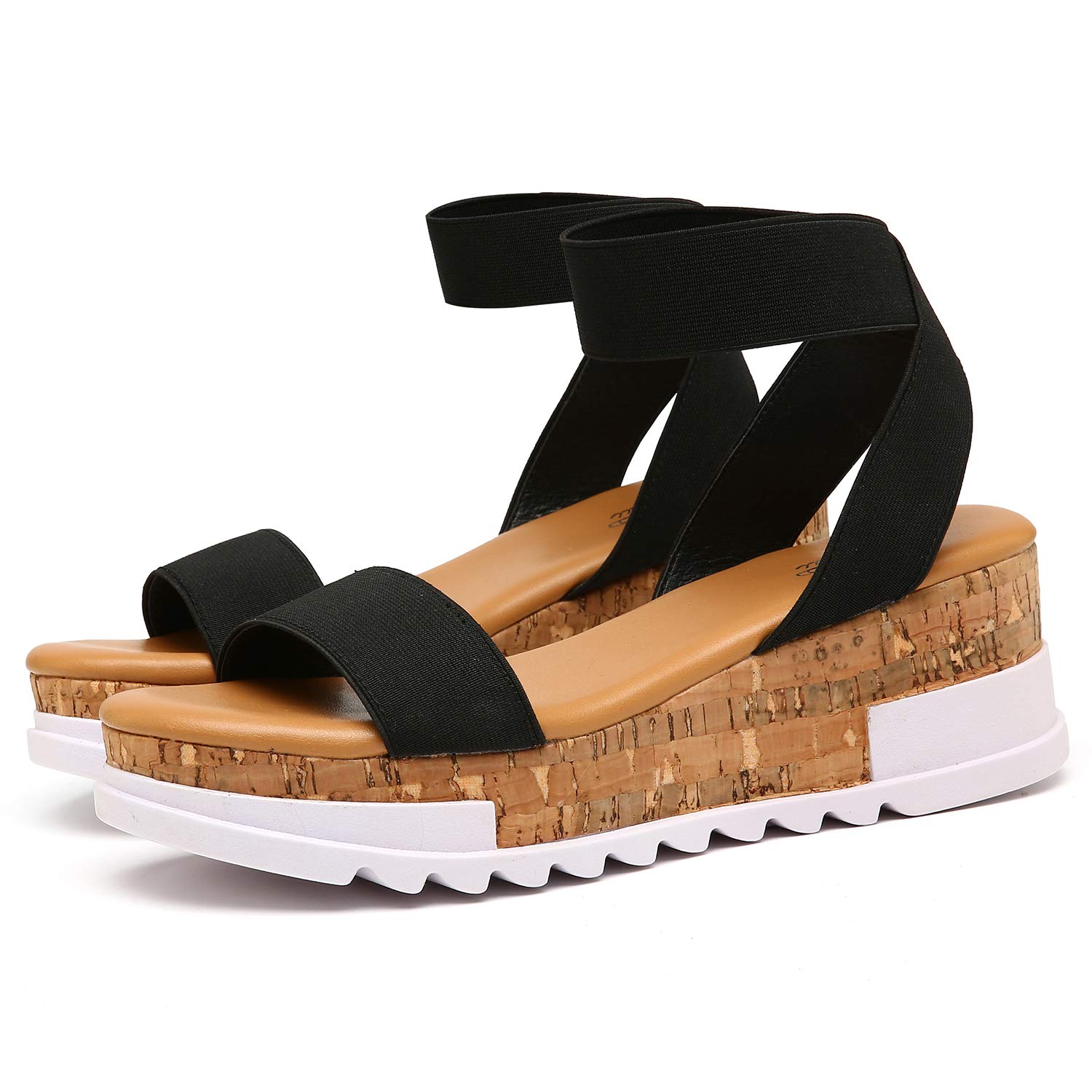 Katliu Women's Wedge Platform Sandals with Elastic Ankle Strap - Cork Sole Summer Beach Shoes for Walking, Travel & Casual Outfits