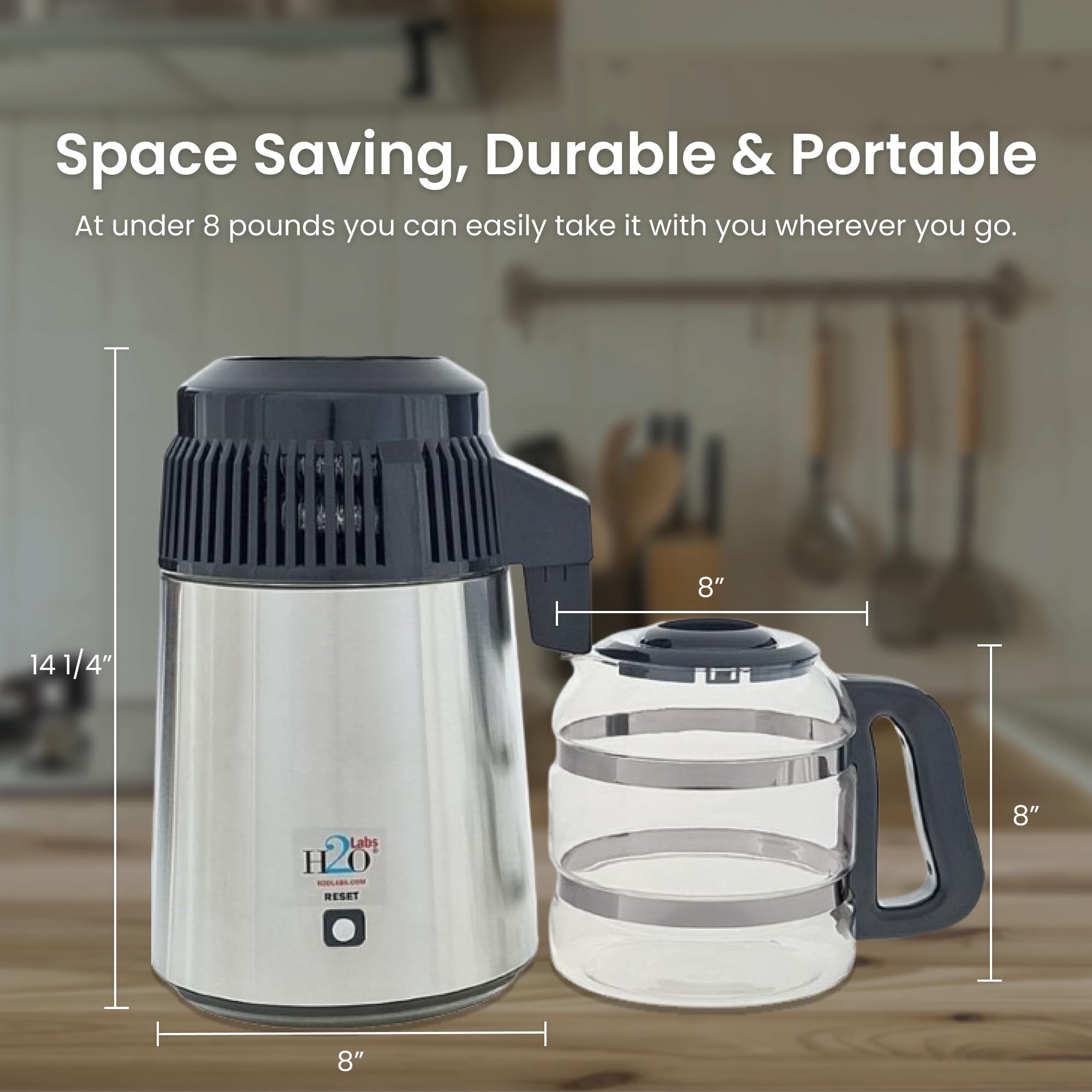 H2O Labs Premium Stainless Steel Countertop Water Distiller with 1 Gallon Glass Carafe - Pure Distilled Water Maker for Home, Office, and RV Use - Includes Porcelain Nozzle & High-Efficiency Heating Element - Model 300SS - Perfect for Drinking, Cooking, and Baby Formula Preparation