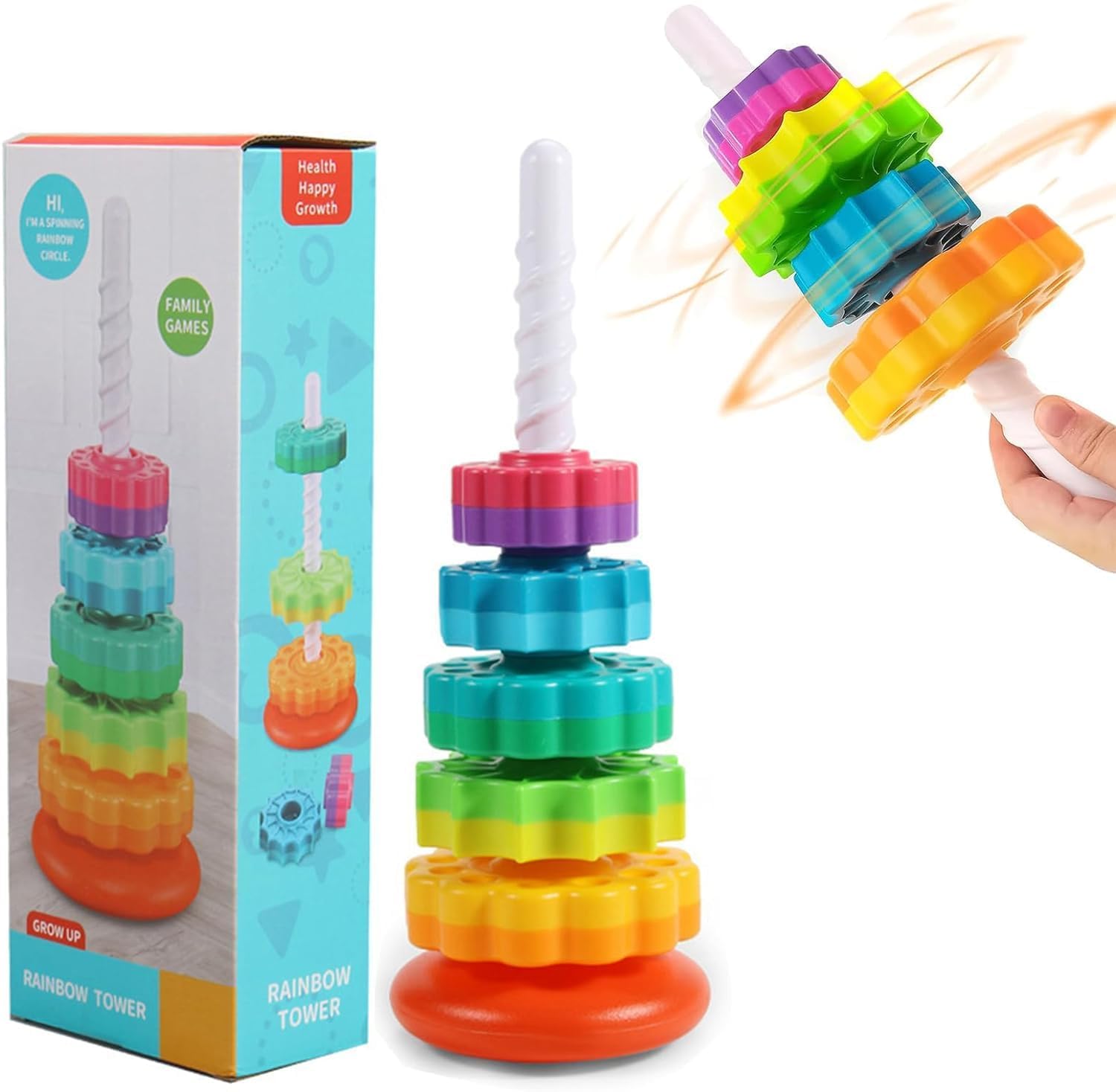 Baby Spinning Stacking Toys - ABS Plastic Rainbow Ring Stacker for Toddlers | Montessori Sensory Learning Toy for Autism & Early Education | Perfect for Playtime, Daycare & Developmental Activities