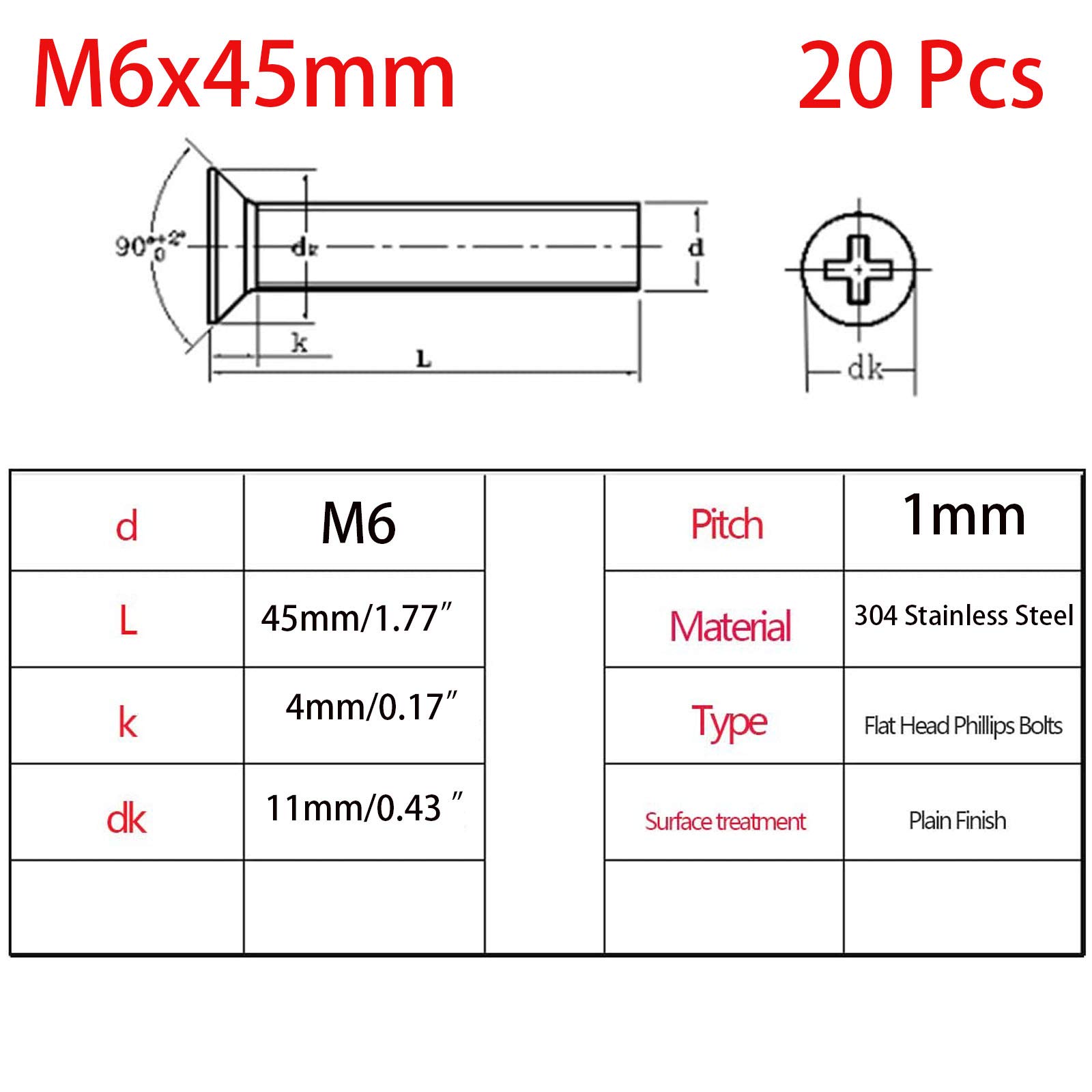 20 Pcs M6-1x45mm 304 Stainless Steel Flat Head Phillips Machine Screws - for Furniture & DIY Projects
