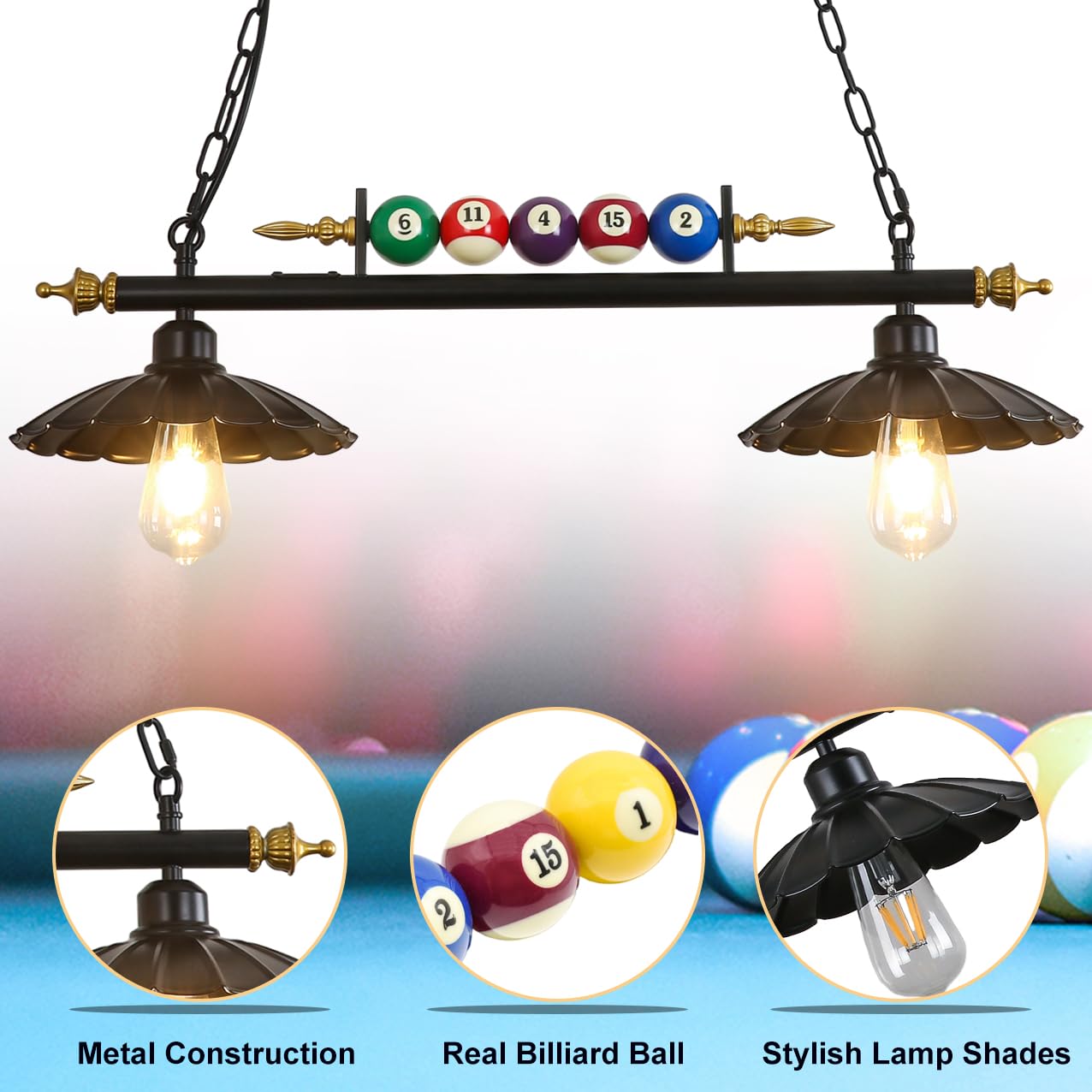 Premium Metal Pool Table Light Fixture - Adjustable Hanging Billiard Lights for 7', 8', 9' Tables - Real Billiard Ball Design (2-Light Set) - Perfect for Game Rooms, Man Caves, Billiard Lounges & Kitchen Islands