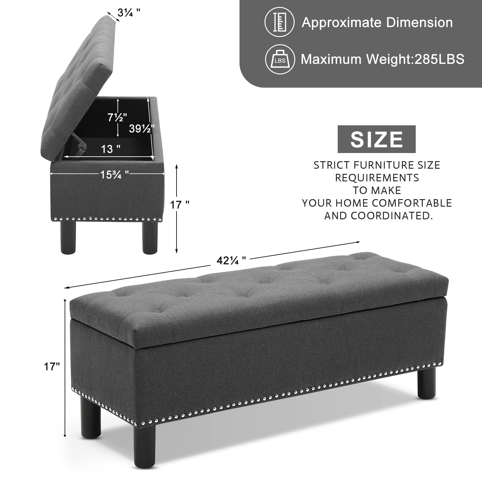 Furniliving Storage Ottoman Bench with Wood Legs - Foldable Upholstered Button-Tufted Entryway Bench for Bedroom, Living Room & Hallway - Dark Grey Linen Fabric (Multi-Functional Seat & Storage Solution)