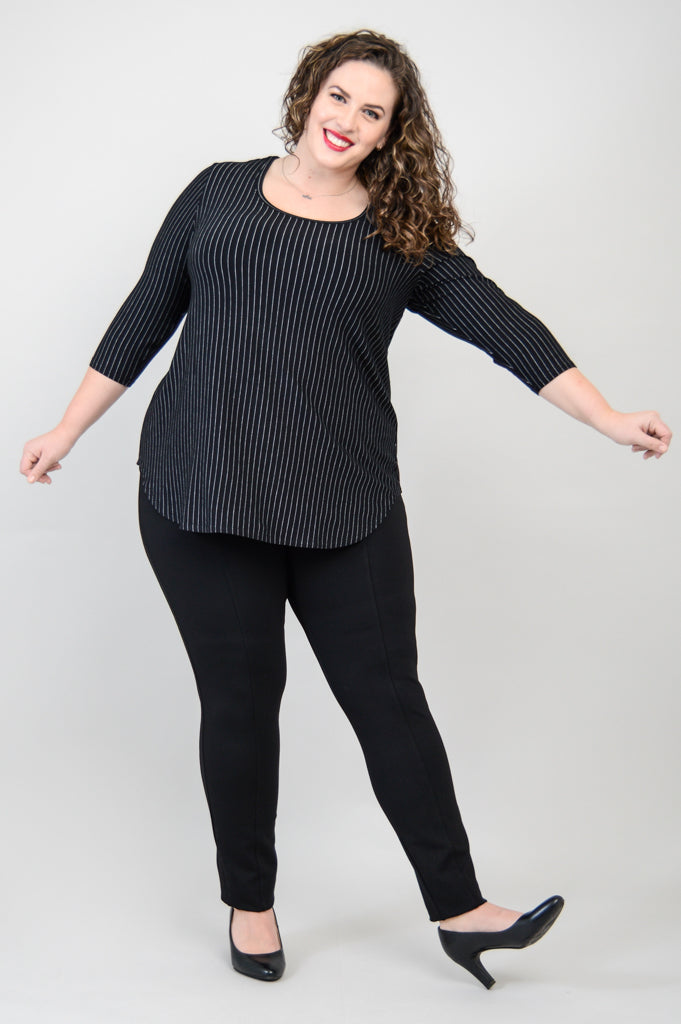 Jazz 3/4 Sleeve Top - Black & White Pin Stripe Bamboo Fabric Women's Blouse for Casual Wear & Office Outfits