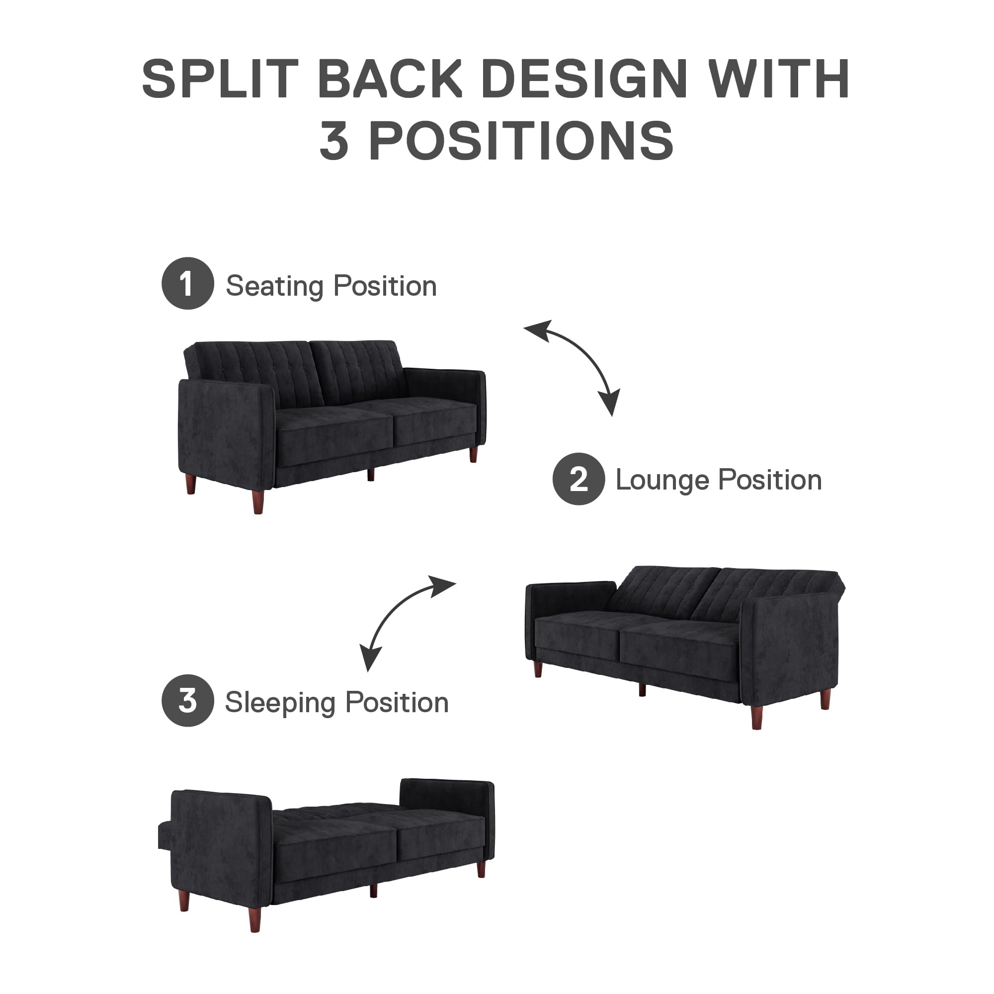 DHP Ivana Tufted Transitional Futon Sofa Bed - Convertible Sleeper with Black Velvet Upholstery for Living Room, Guest Room & Small Spaces