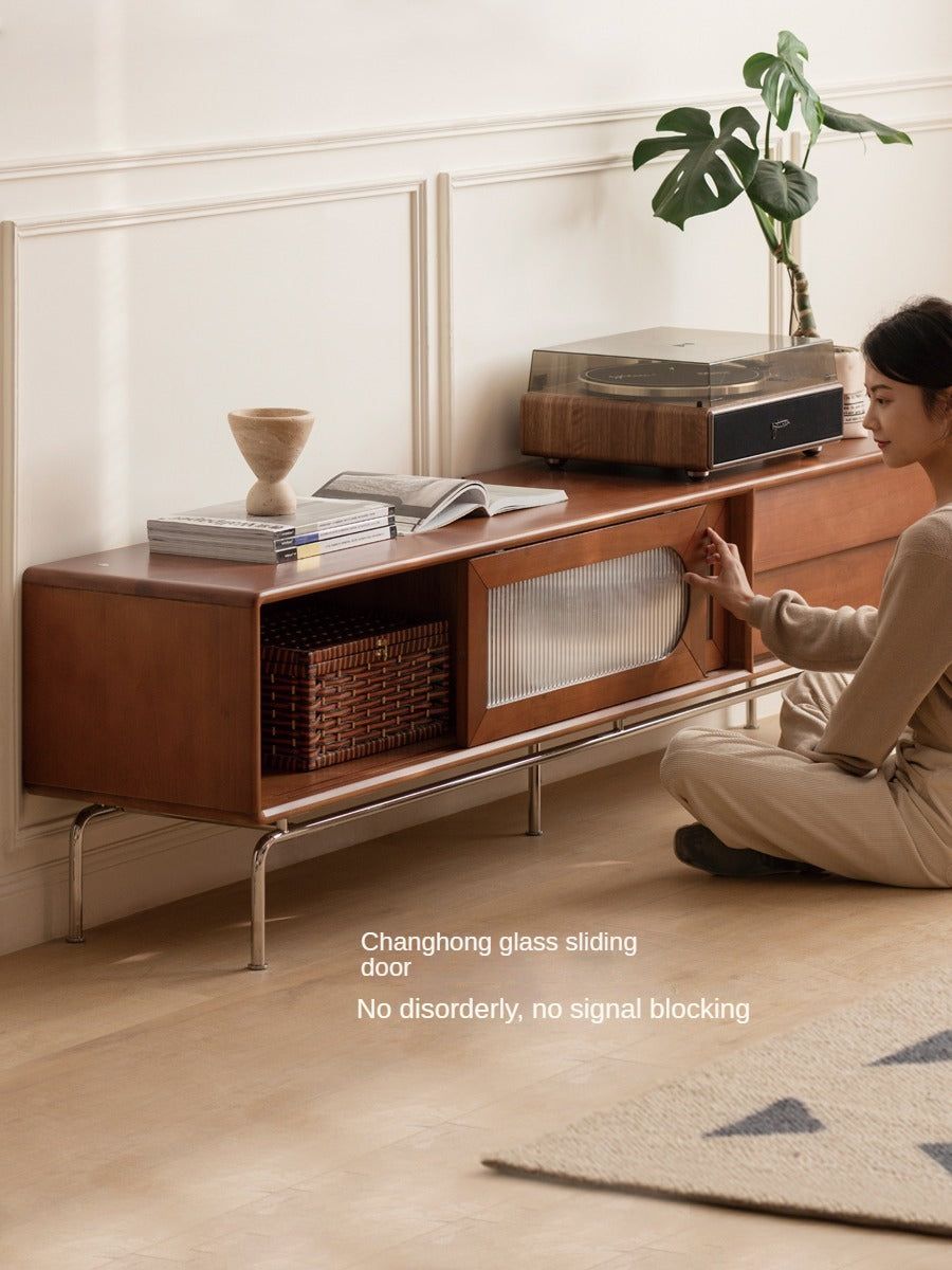 Solid Oak & Poplar Wood French Style TV Stand with Sliding Doors - Perfect for Living Room, Bedroom & Home Theater Storage