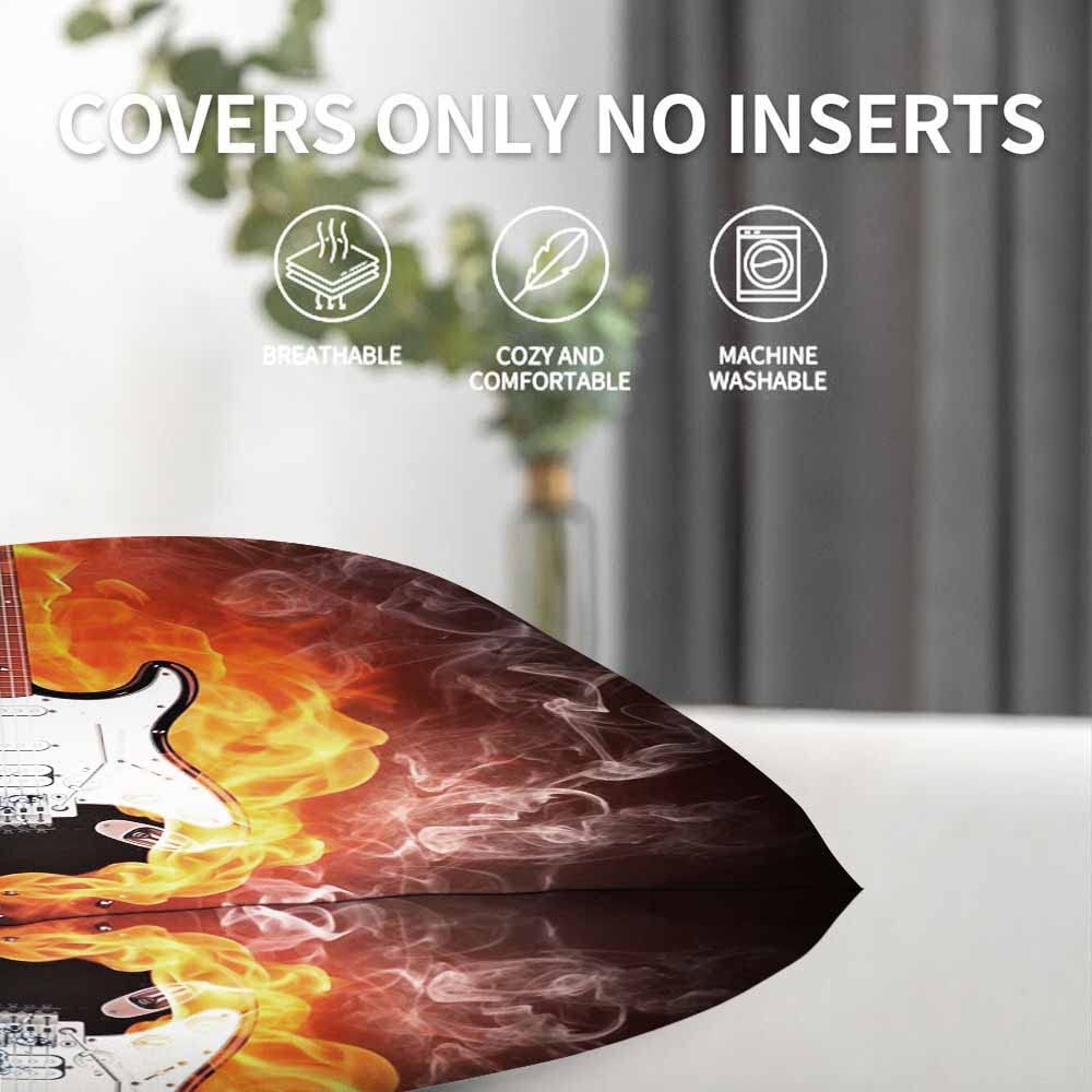 Electric Guitar Music Throw Pillow Covers 18x18 Inch - 2 Pack Soft Decorative Cushion Covers with Burning Fire & Liquid Water Design for Sofa, Couch, Bed - Perfect for Music Lovers' Living Room & Bedroom Decor