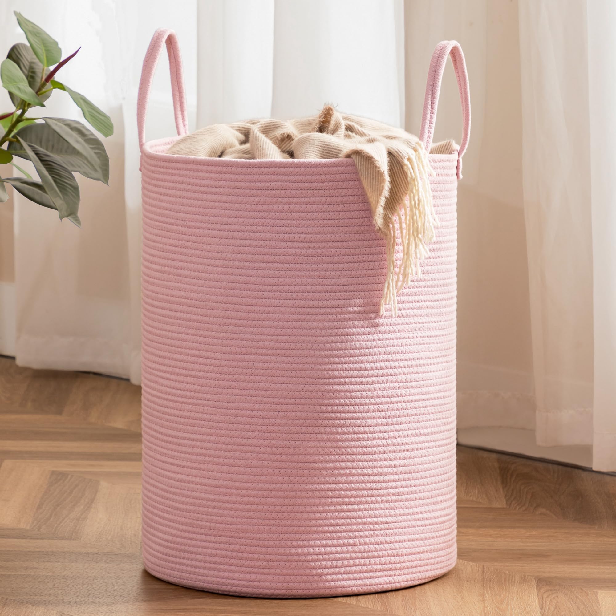 72L Large Woven Laundry Basket Hamper - Pink Clothes Storage Organizer for Bedroom, Nursery & Living Room | Perfect for Baby Toys, Blankets & Household Laundry Organization