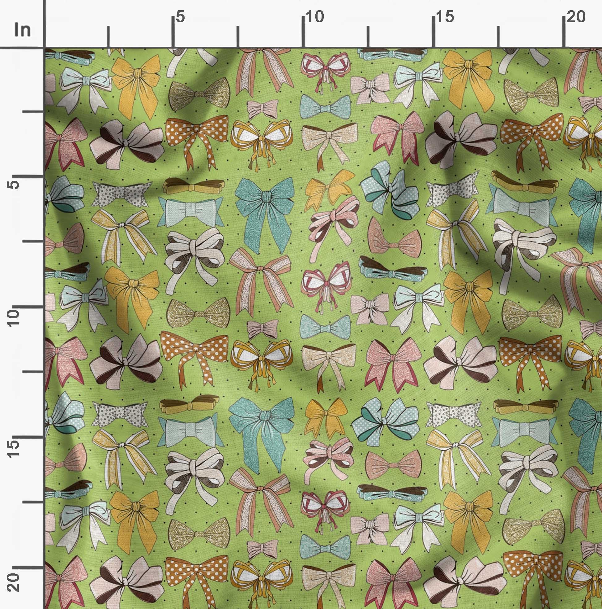 Soimoi Moss Georgette Green Fabric by The Yard - 42 Inch Wide Printed Cotton Material with Multi Bow & Dots Pattern for Dresses, Curtains, DIY Crafts & Home Decor