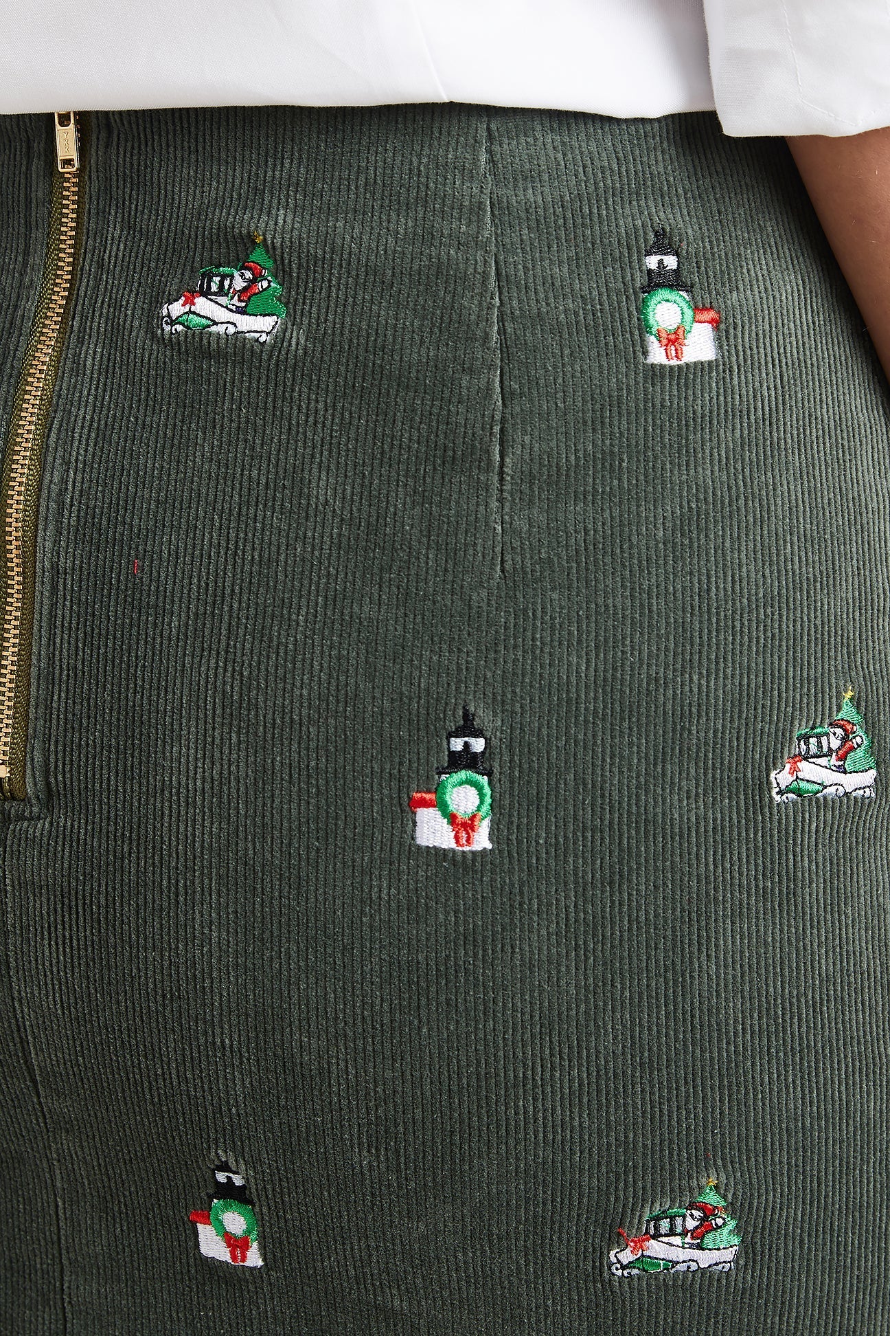 Women's Corduroy Midi Skirt in Olive Green with Santa Boat & Lighthouse Print - Perfect for Christmas, Holiday Parties & Casual Winter Outfits