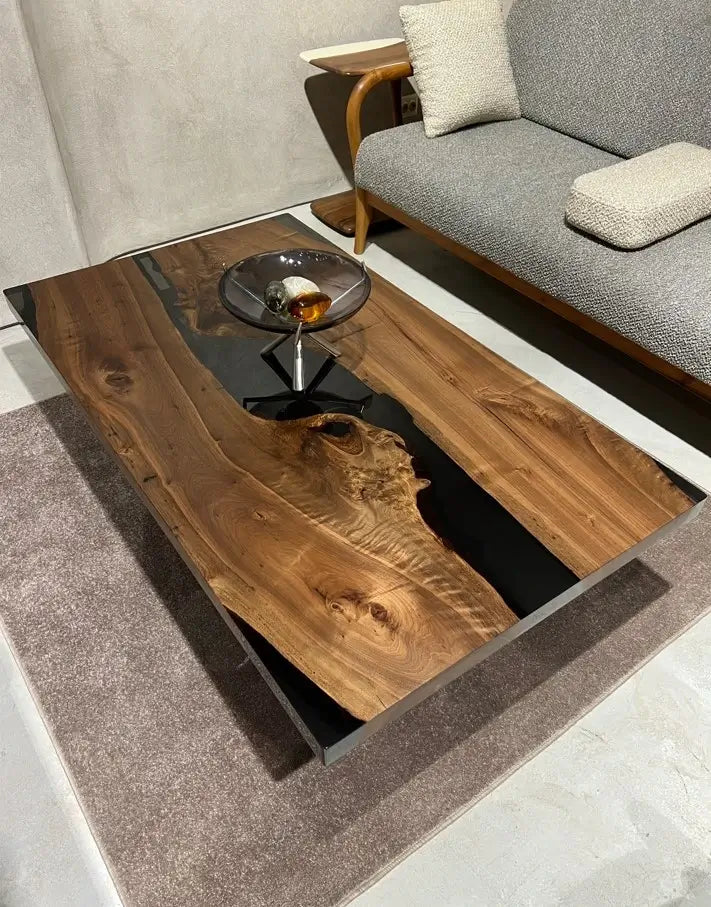 Modern Smoked Gray Resin Coffee Table with Solid Walnut Wood Legs - Stylish & Durable Living Room Furniture for Home Decor