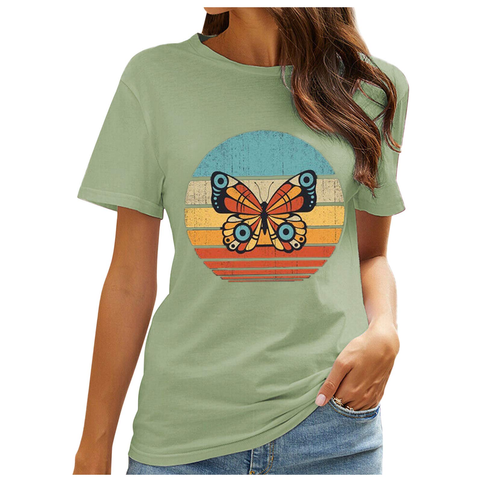 Women's Graphic Butterfly Print Short Sleeve T-Shirt - Round Neck Casual Summer Tee for Everyday Wear, Outings & Vacation