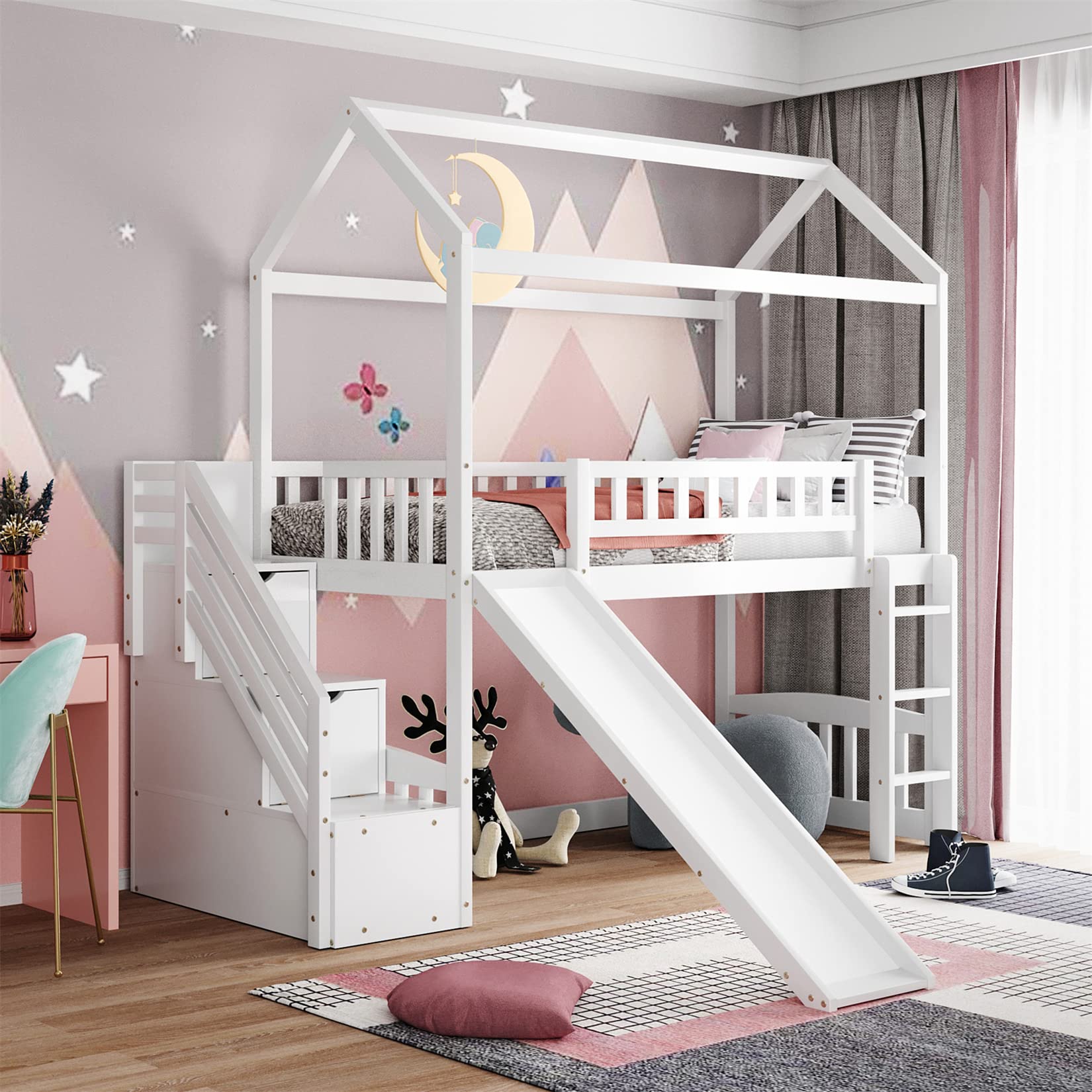 Kids Wooden Loft Bed with Slide & Storage Drawers - Twin Size Playhouse Bed with Wooden Stairway - Perfect for Small Rooms, Playrooms & Kids Bedrooms (White)