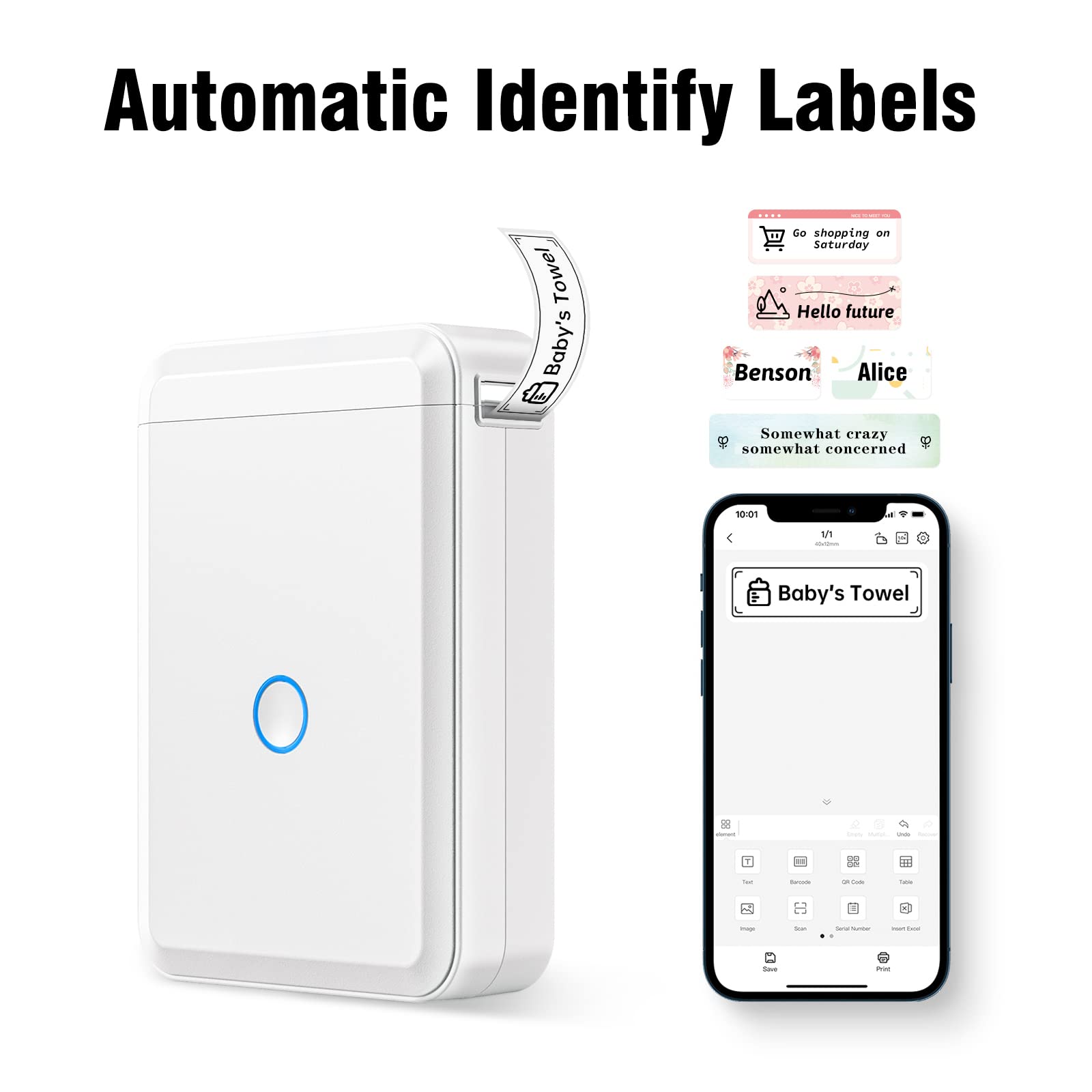 Bluetooth Thermal Label Printer D110 - Portable Inkless Label Maker with Rechargeable Battery, Multiple Templates & iOS/Android Compatibility for Home, Office, Warehouse, Shipping & Organization (White)
