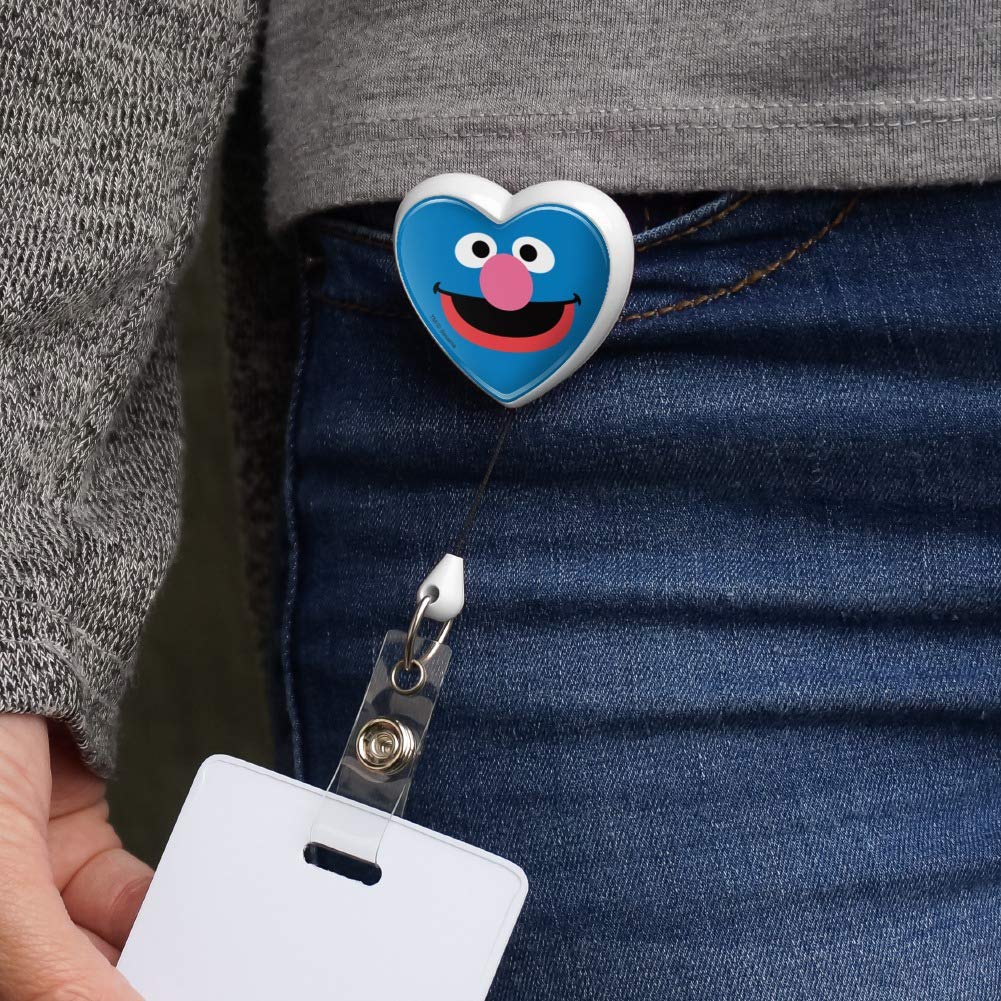 Sesame Street Grover Face Heart Lanyard with Retractable Reel - Cute ID Badge Holder for Work, School & Events - Perfect for Teachers, Nurses & Office Professionals