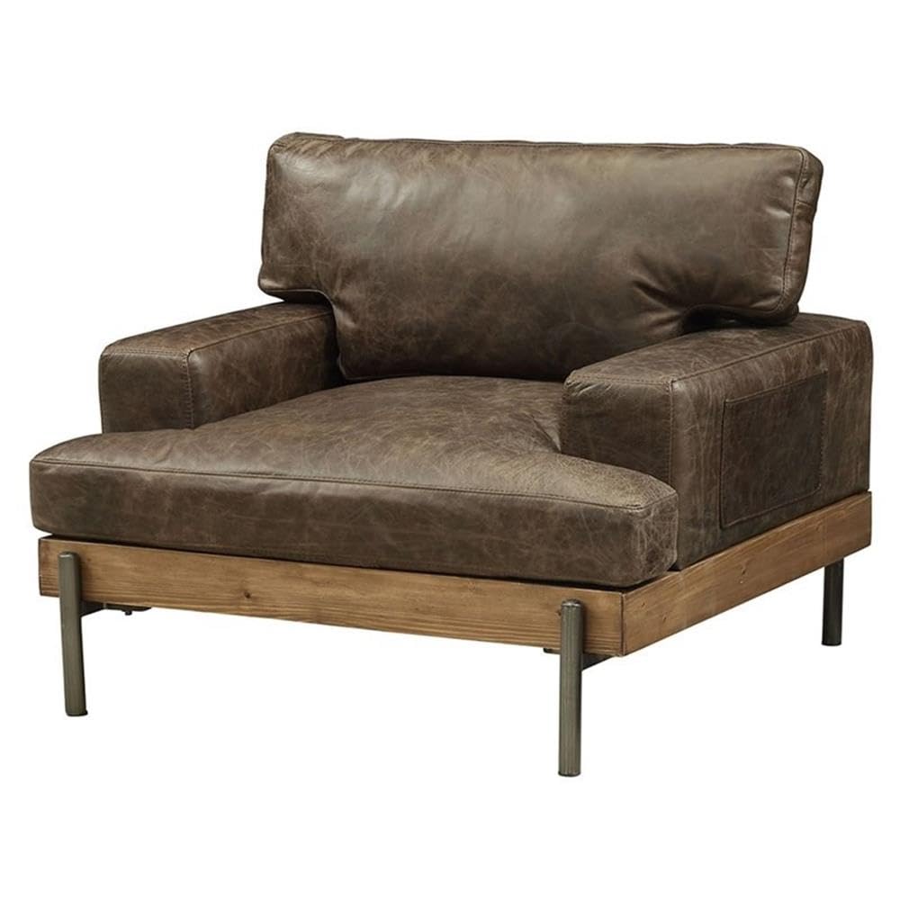 Acme Silchester Genuine Leather Accent Chair - Distressed Chocolate Brown with Oak Wood Frame | Perfect for Living Room, Office or Reading Nook
