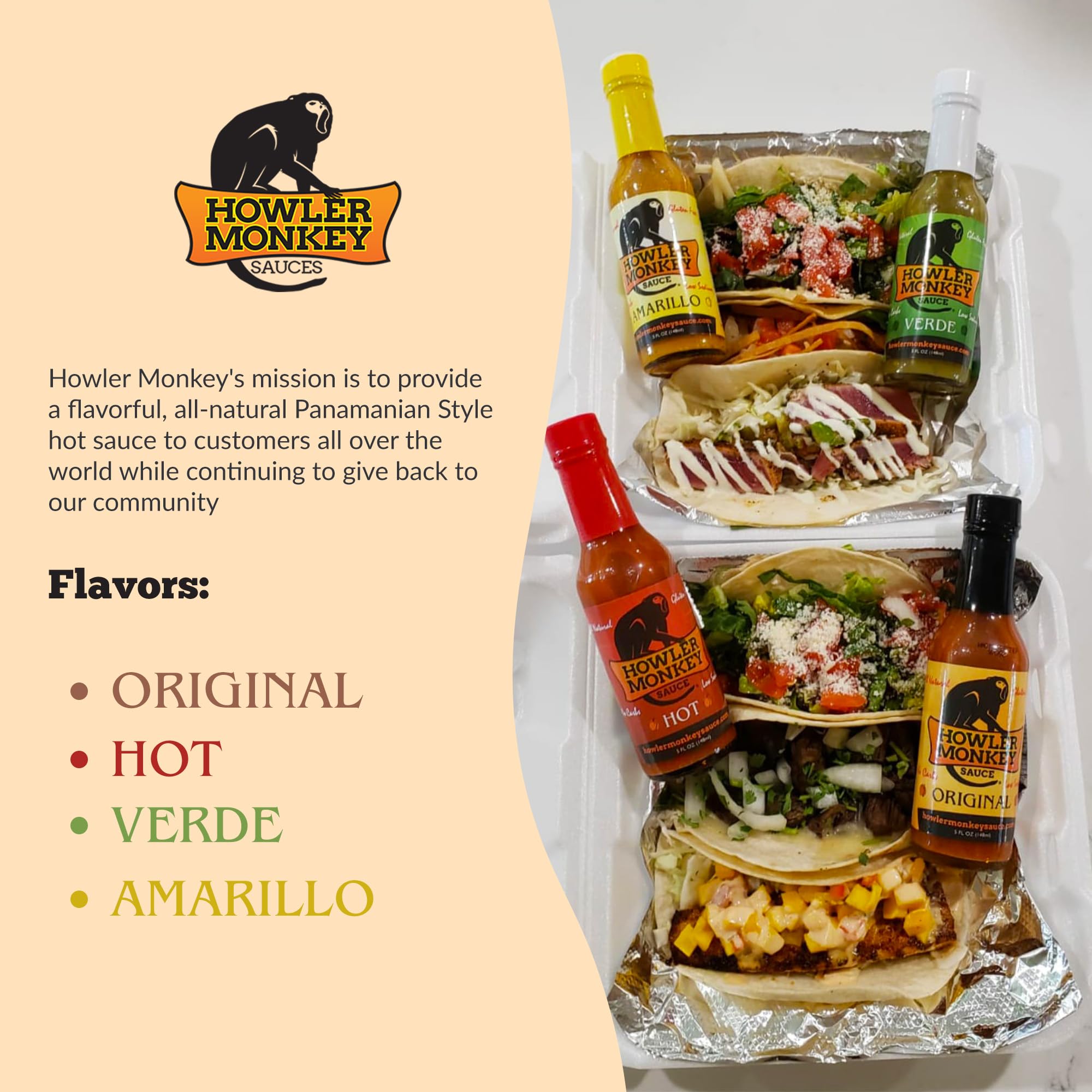 Howler Monkey Hot Sauce Variety Pack - Original, Amarillo, Verde & Spicy Flavors - Authentic Panamanian Aji Chombo Sauce - Gluten-Free, Vegan - 5 oz Bottles (4-Pack) - Perfect for Tacos, Wings, BBQ & Cooking