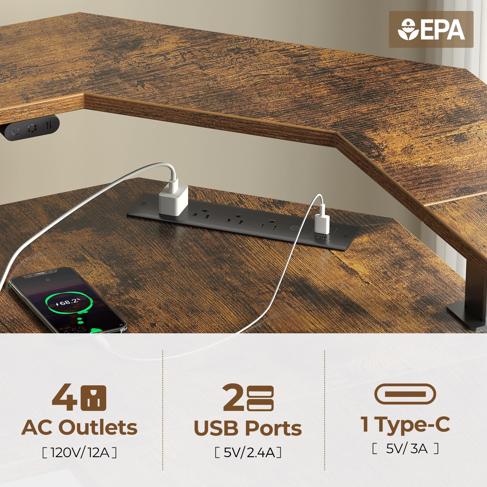 Rolanstar L-Shaped Electric Standing Desk with LED Light & Power Outlet - Height Adjustable Computer Desk with Monitor Stand in Rustic Brown - Perfect for Home Office, Gaming Setup & Workspace Ergonomics