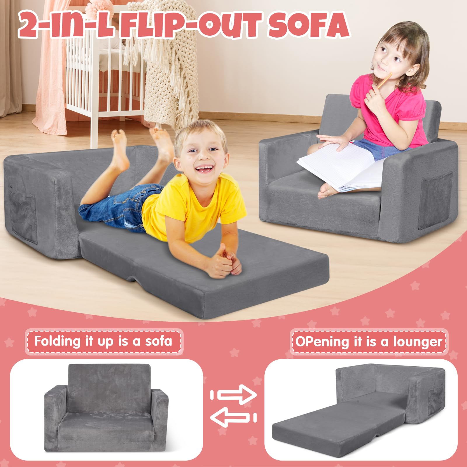 **2-in-1 Toddler Couch & Play Sofa - Soft Sherpa Kids Sofa with Glow-in-The-Dark & Cute Patterns - Foldable Design for Boys & Girls - Perfect Gift for Kids - Ideal for Playrooms, Bedrooms & Movie Nights**