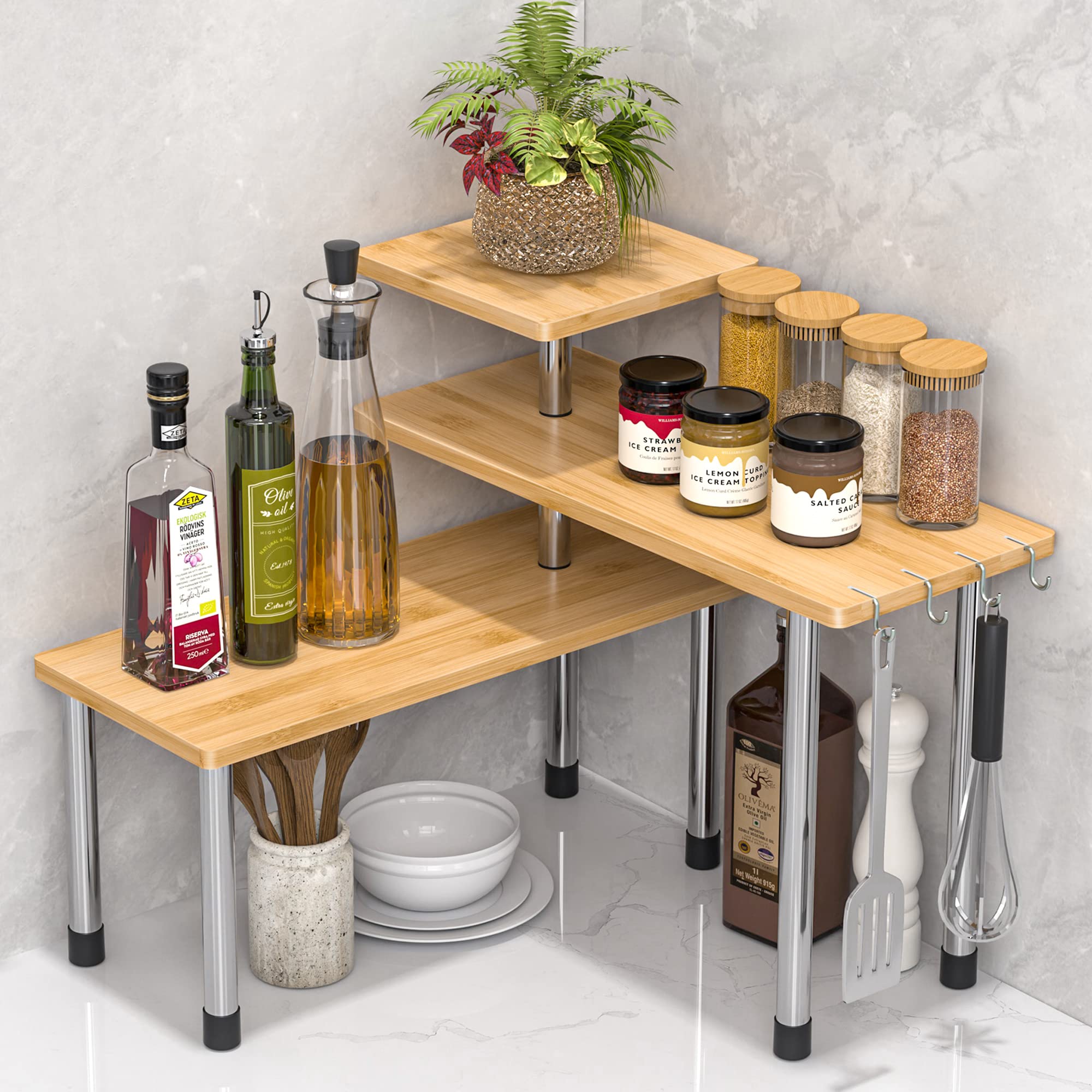 3-Tier Adjustable Bamboo Corner Shelf for Kitchen Countertop Organization - Spice Rack, Coffee Station & Bathroom Storage - Perfect for Small Spaces & Clutter-Free Home Decor (Natural Wood Finish)