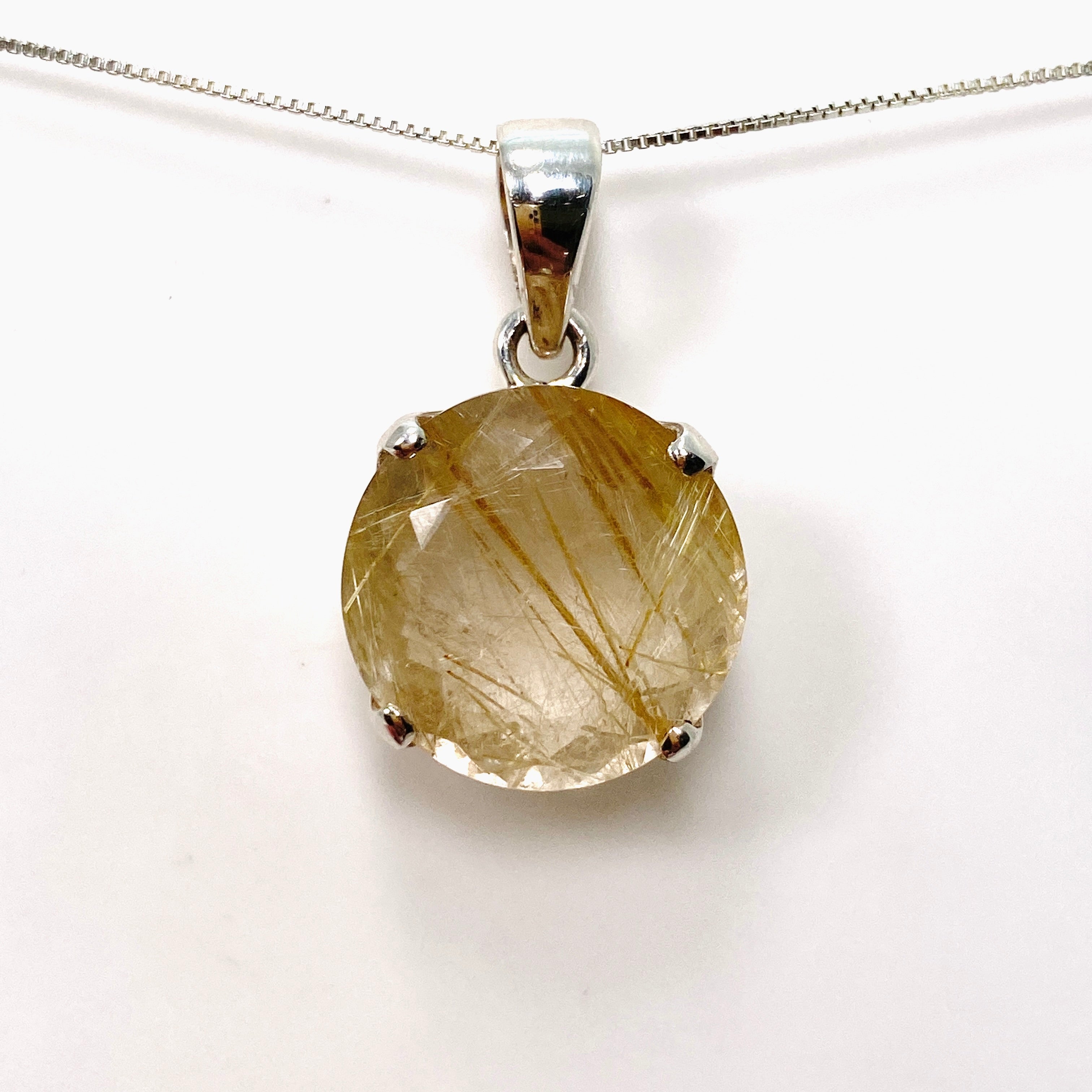 Natural Rutilated Quartz Round Faceted Pendant Necklace PPGJ840 - Elegant Jewelry for Women, Perfect for Everyday Wear & Special Occasions