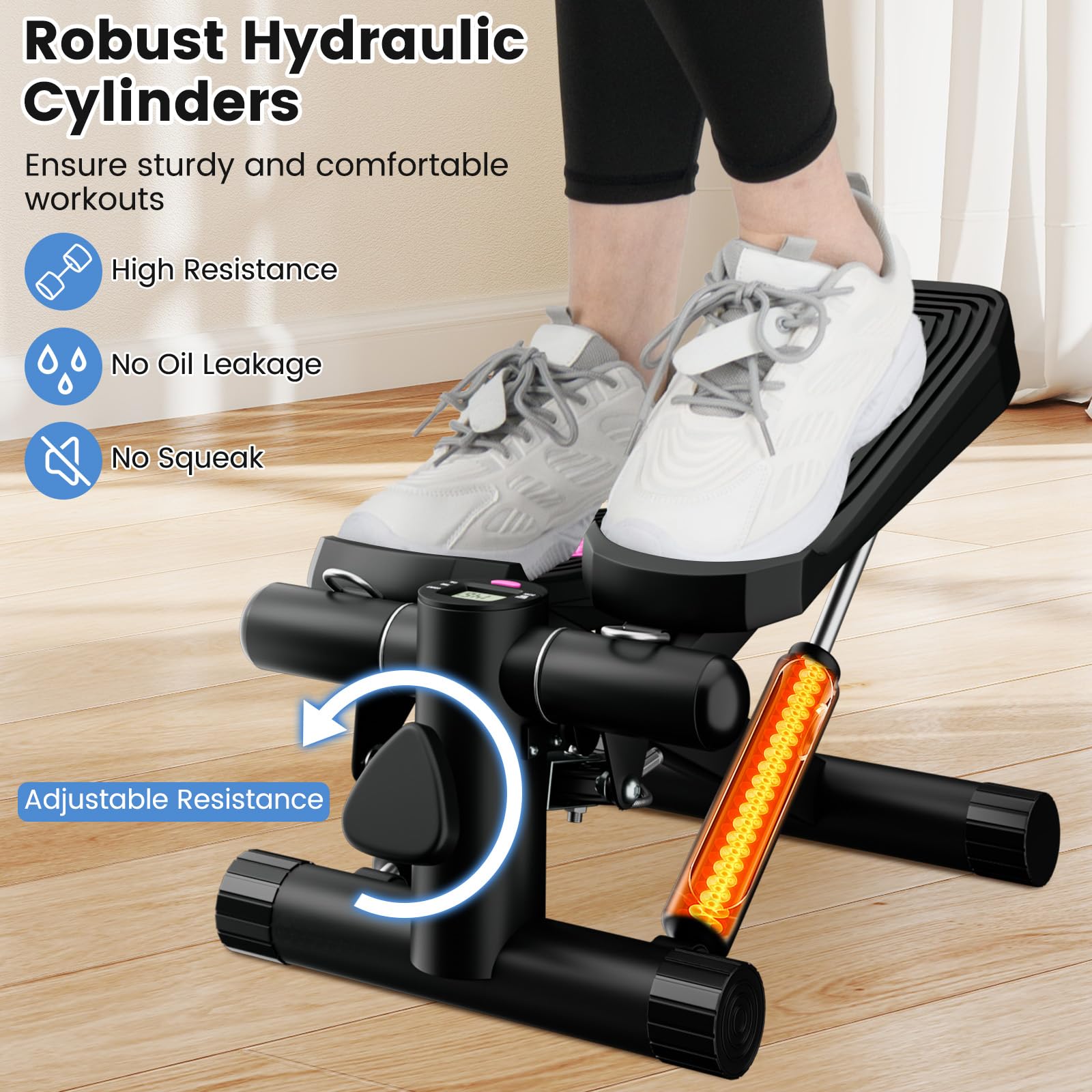 GYMAX Hydraulic Mini Stair Stepper with Resistance Bands & LCD Monitor - Portable Under Desk Cardio Equipment for Home Gym, Indoor Workout & Office Exercise - Compact Stepping Machine for Weight Loss & Fitness Training