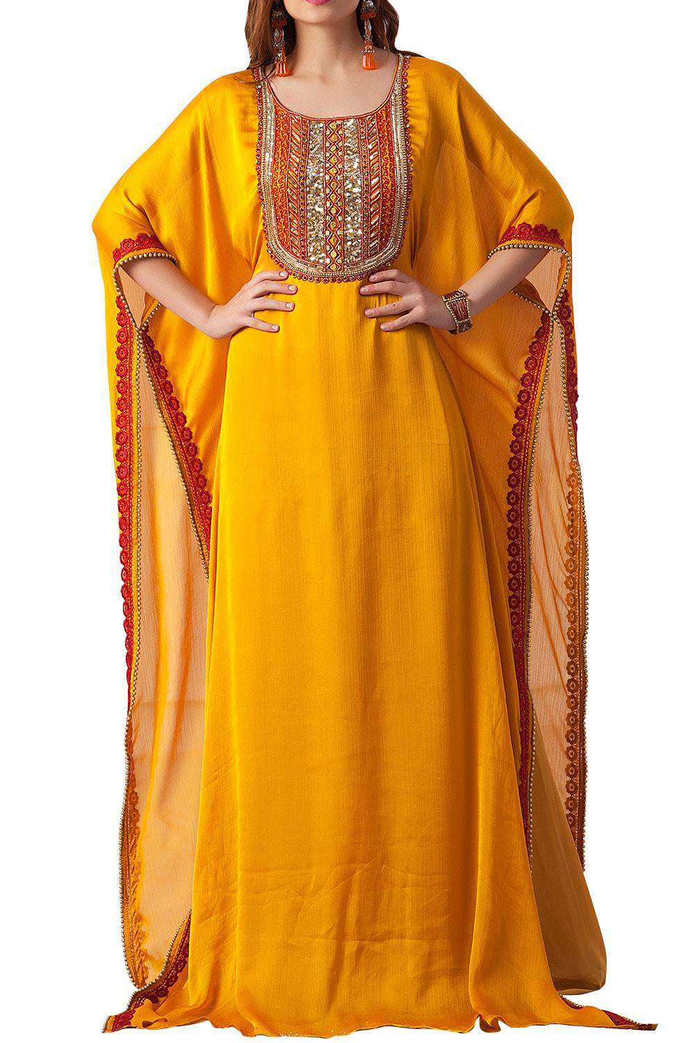 Hand Beaded Golden Yellow Jalabiya Dress for Women - Elegant Party Wear & Evening Gowns for Weddings, Festivals & Special Occasions