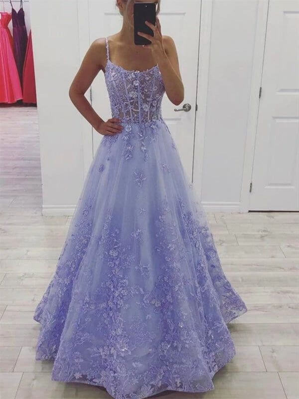 Elegant Long Violet Prom Dresses with 3D Floral Lace - Lavender Formal Gown for Homecoming, Evening Parties & Special Occasions