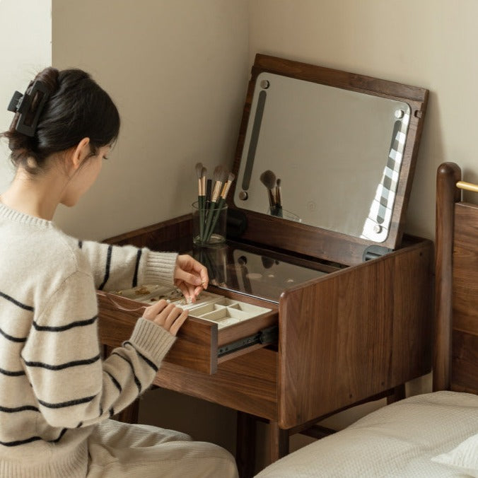 Solid Black Walnut Wood Mirror Dressing Table - Elegant Vanity Desk for Bedroom, Bathroom & Makeup Area