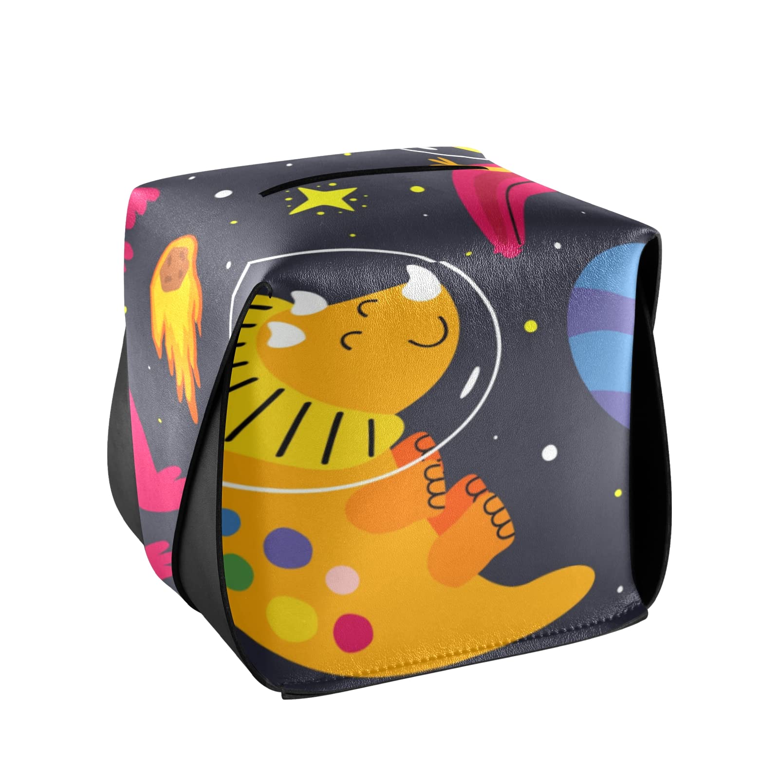 Dinosaur Space Themed Leather Tissue Box Cover - 5.7 Inch Square Decorative Tissue Holder for Home & Office (228rh1a) | Perfect for Living Room, Bedroom, or Kids Room Decor