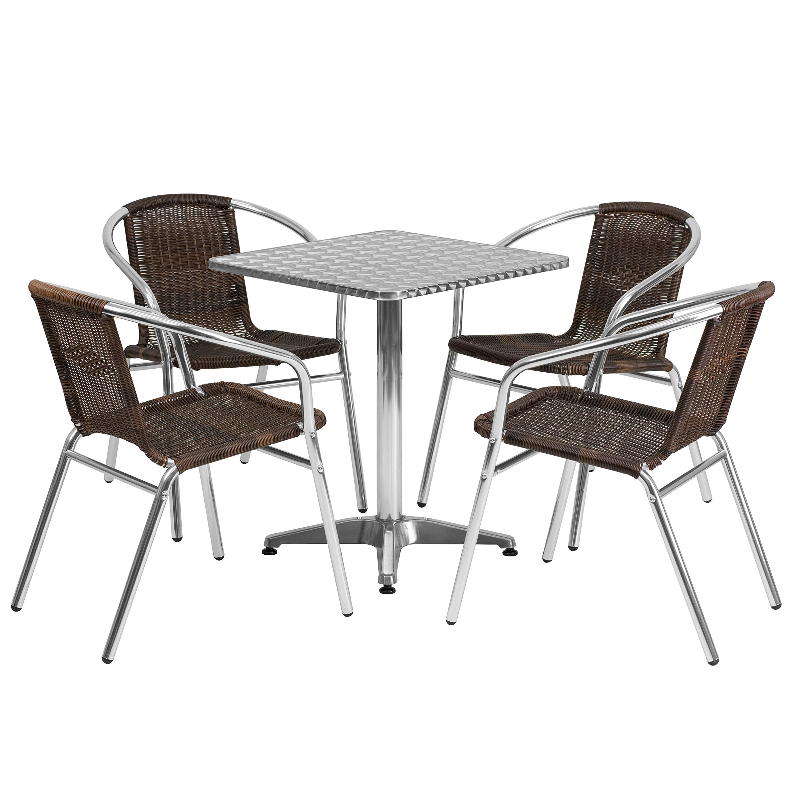 Flash Furniture 23.5'' Square Aluminum Patio Dining Table Set with 4 Dark Brown Wicker Chairs - Perfect for Outdoor Entertaining, Backyard BBQs & Poolside Gatherings