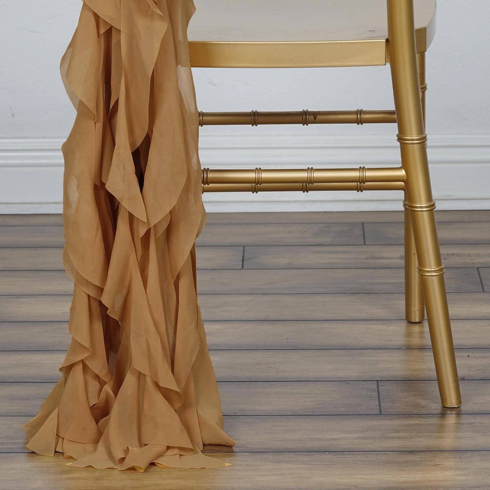 50 Gold Premium Curly Chiffon Chair Covers with Sashes - Elegant Wedding, Party & Ceremony Decorations - Perfect for Banquet Halls, Reception Decor, and Special Events