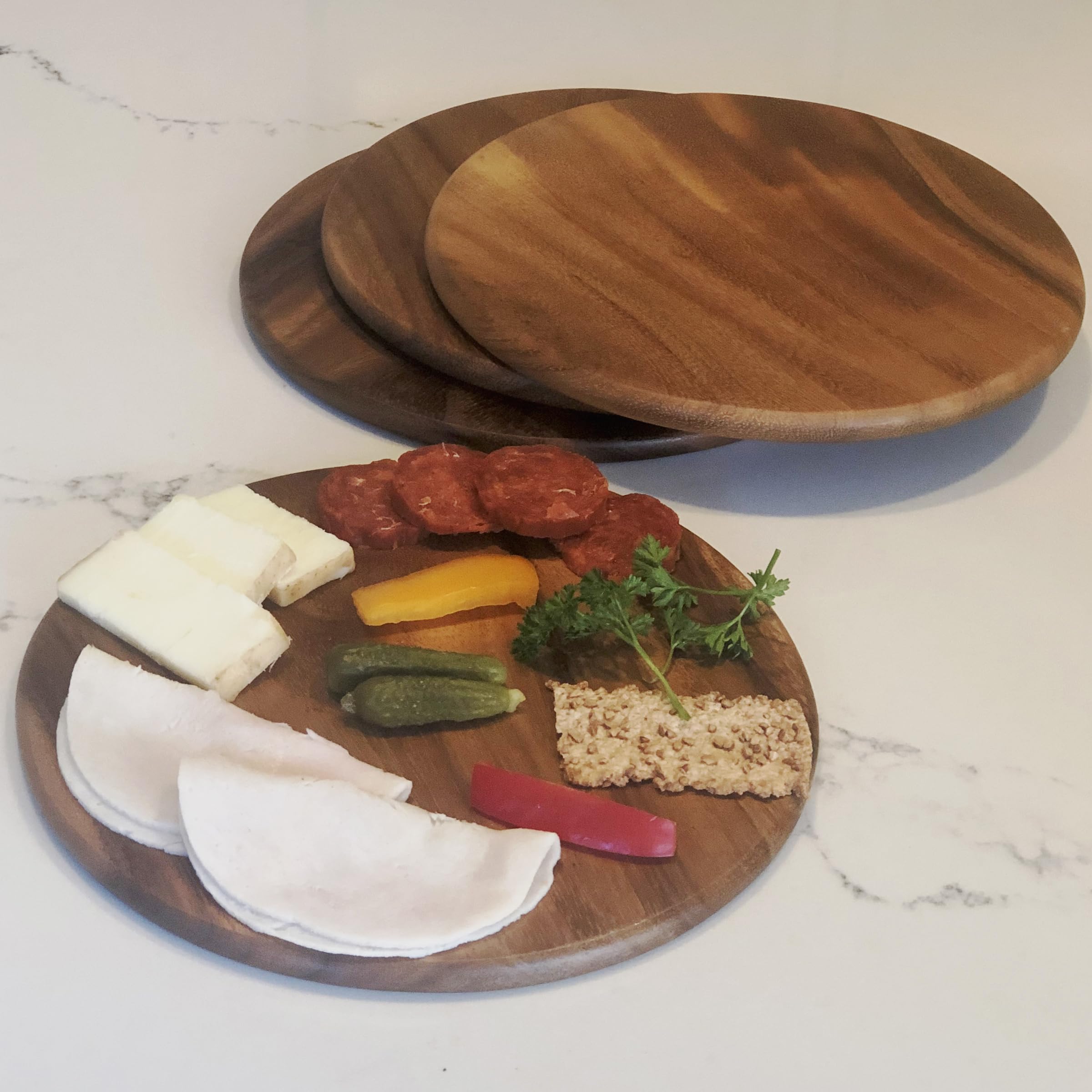 Woodard & Charles Acacia Wood Serving Plates Set of 4 - 9 Inch Round Charcuterie Boards for Sushi, Dessert, Bread & Cheese | Perfect for Dinner Parties, Picnics & Entertaining