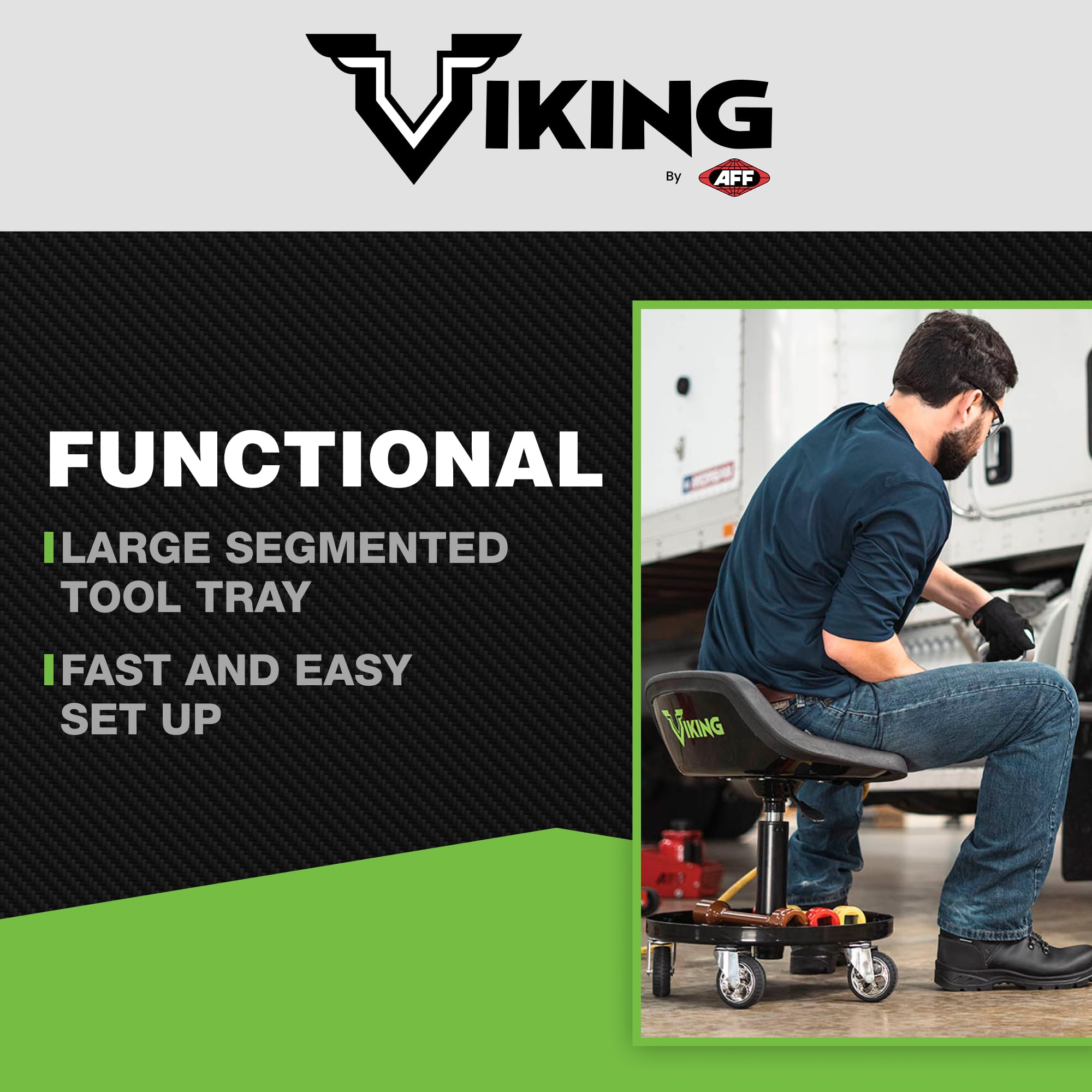 AFF Viking Rolling Shop Stool with Tool Tray - Heavy Duty 300 lbs Capacity Garage Stool on Wheels for Mechanics - Ergonomic Padded Seat - Multiple Styles - Perfect for Auto Repair, Workshop & Industrial Use