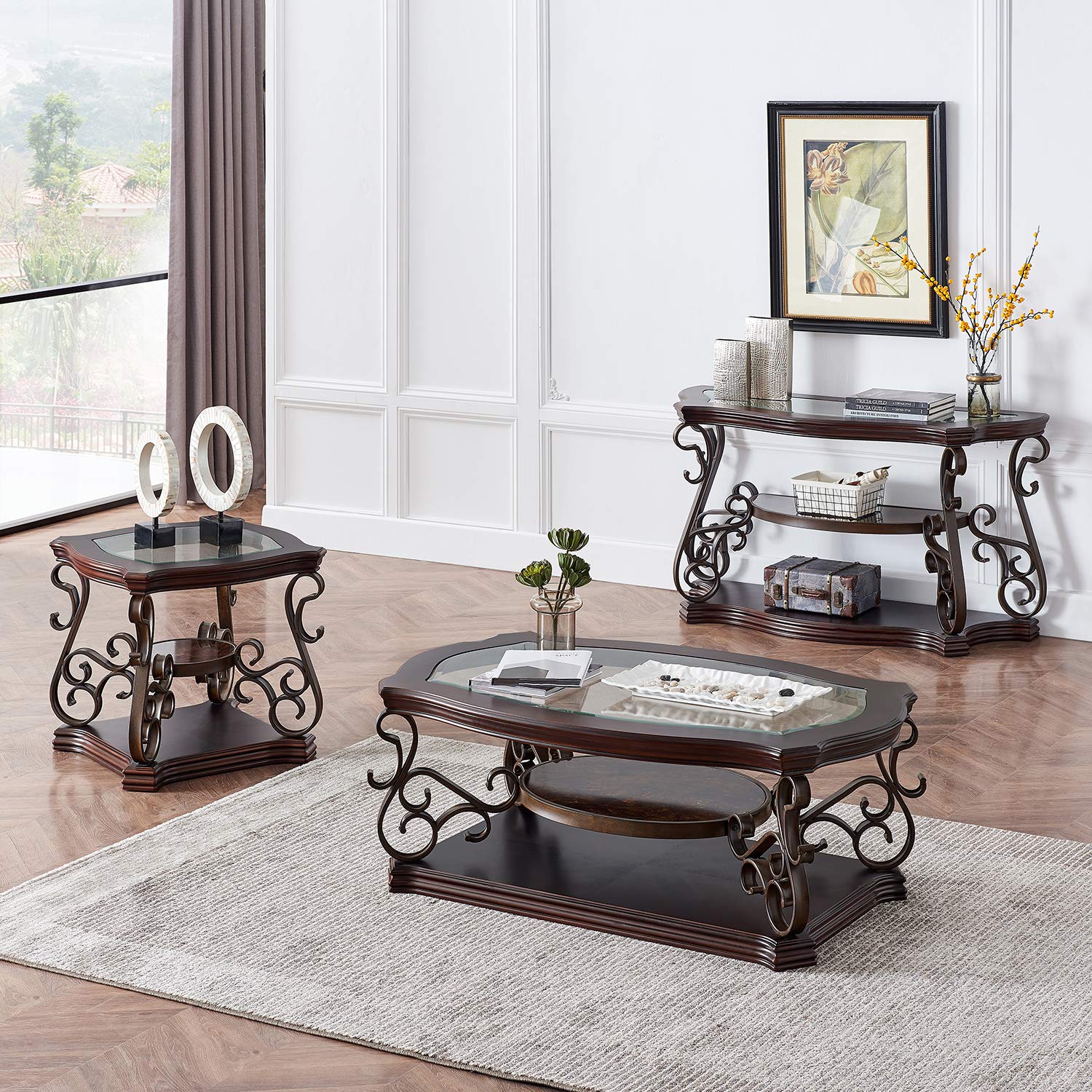 Vintage Oval Coffee Table with Tempered Glass Top and Middle Shelf - Traditional Cocktail Table for Living Room - Easy Assembly Home Furniture - Perfect for Small Spaces, Apartments and Cozy Living Rooms