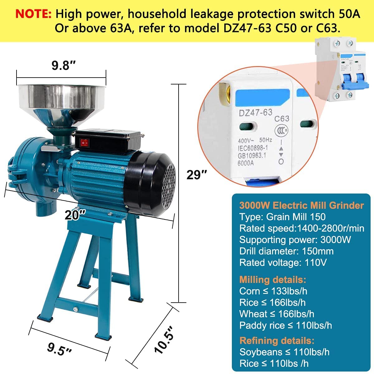 3000W Commercial Electric Grain Mill Grinder - 110V Wet & Dry Cereals Grinder for Corn, Wheat, Coffee & Feed - Heavy Duty Flour Mill with Funnel - Perfect for Bakeries, Farms & Home Kitchens