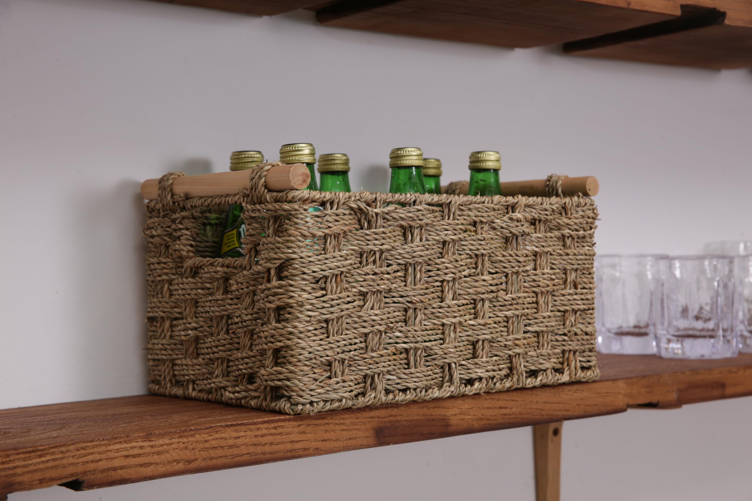 Large Seagrass Storage Basket with Wooden Handles - Home Organization for Bathroom & Kitchen