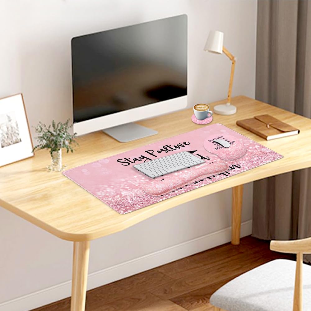 4-in-1 Gaming Mouse Pad Set with Wrist Support - Large Desk Mat, Mouse Pad, Keyboard Wrist Rest & Cup Holder - Ergonomic Design for PC Gaming, Office Work & Home Study (Pink Stay Positive) - Perfect for Gamers, Programmers & Remote Workers