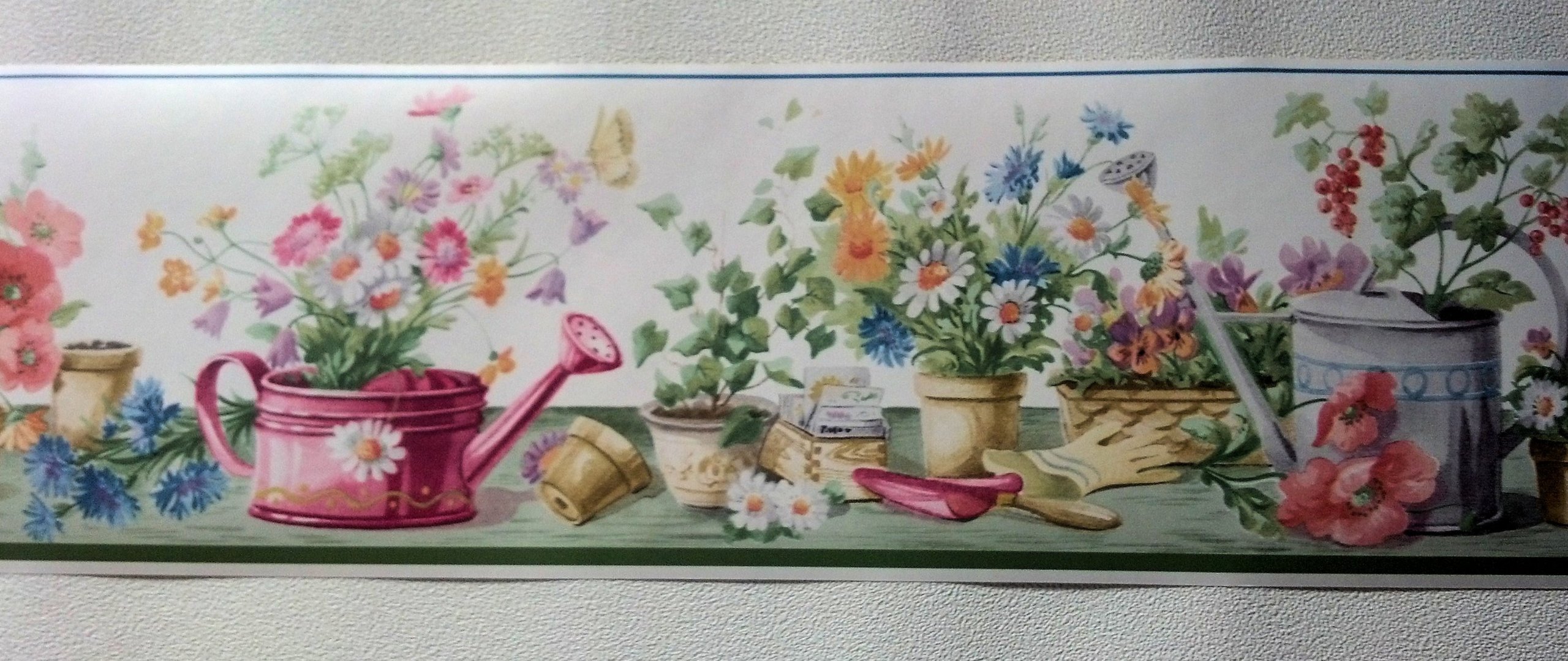 Green Gardening Flowers Watering Can Wallpaper Border - Decorative Home Wall Stickers for Kitchen, Bathroom & Nursery Decor