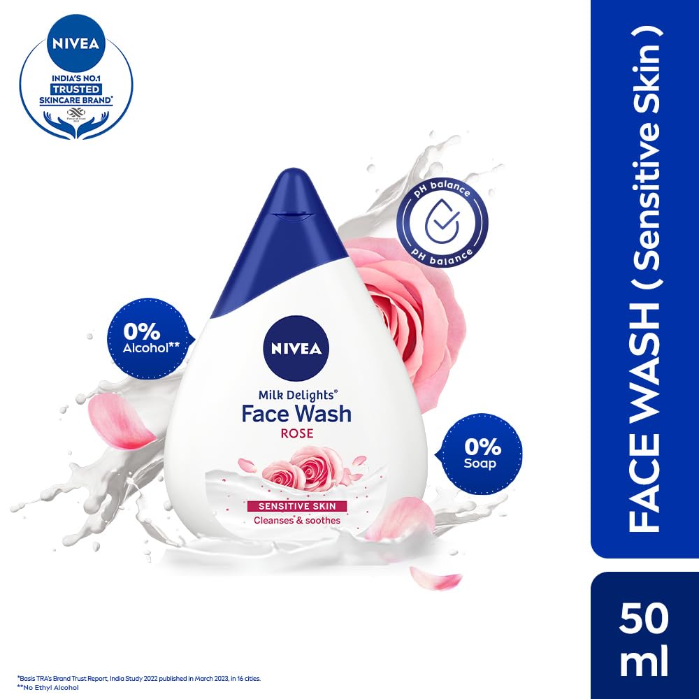 NIVEA Milk Delights Face Wash with Rosewater for Sensitive Skin - 50ml | Gentle Cleansing & Hydrating | Perfect for Daily Skincare Routine & Travel