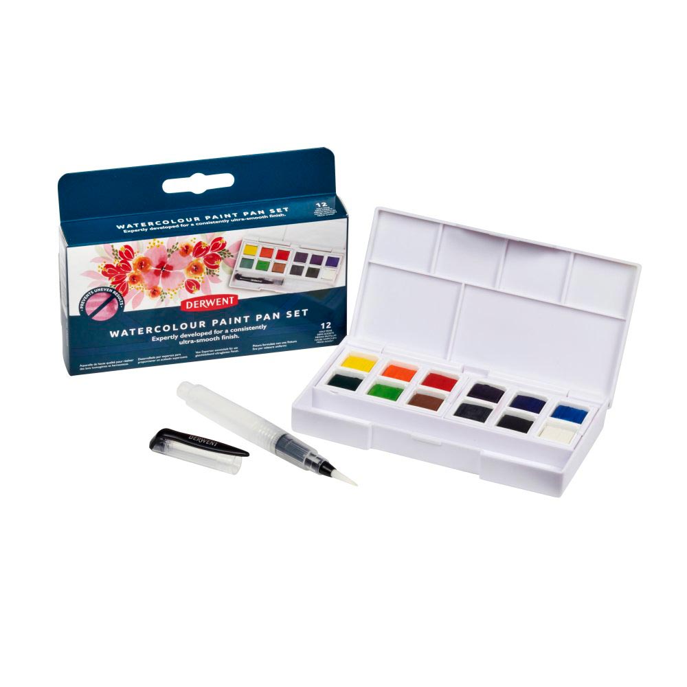 Derwent Watercolour Paint Pan Set of 12 - Premium Artist Watercolor Paints for Professionals & Beginners - Perfect for Sketching, Painting & Mixed Media Art Projects