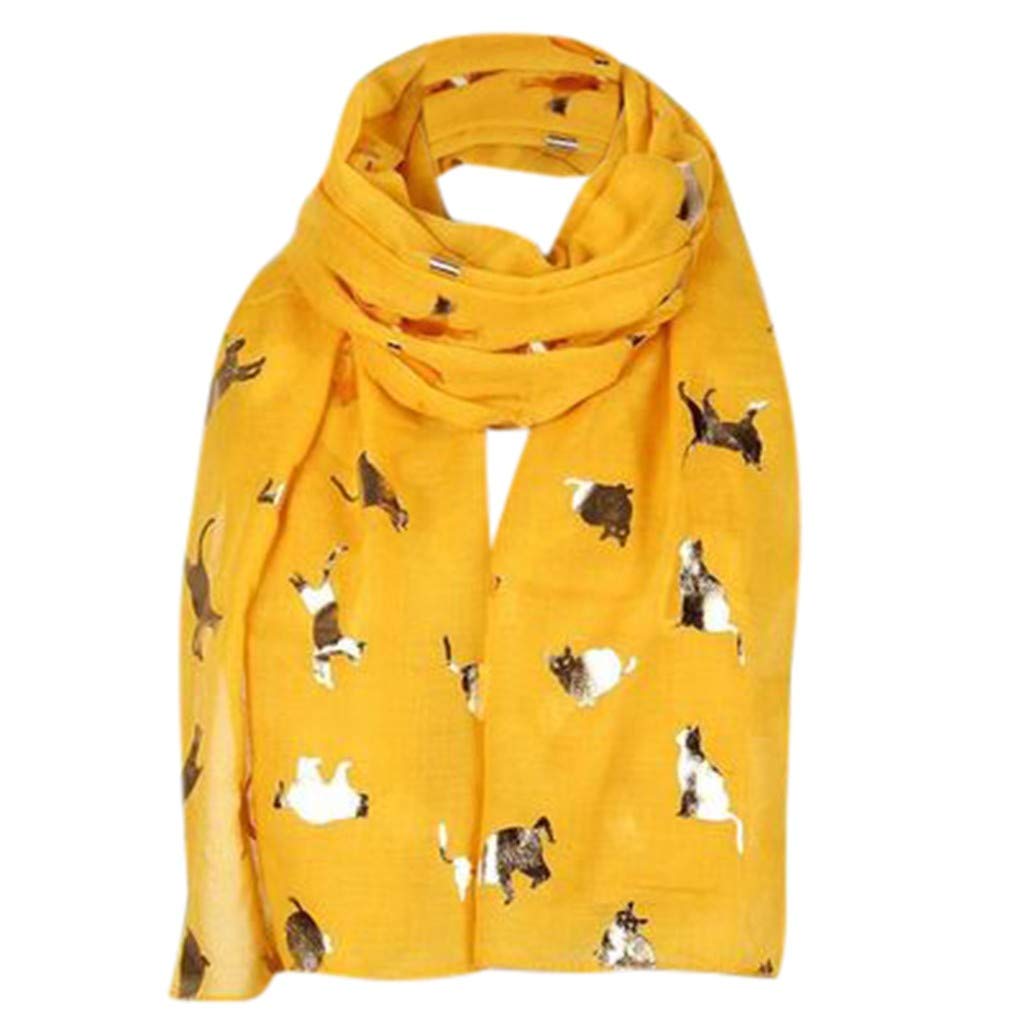 Printed Fashion Shawl Scarves for Women & Men - Cat Pattern Silk Travel Wrap Scarf, Foil Head Scarf Accessory (Yellow, One Size) - Perfect for Travel, Parties & Everyday Style
