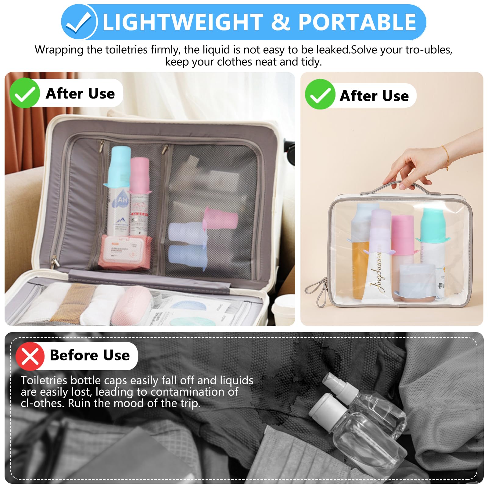 8 Pack Silicone Bottle Covers - Leak Proof Travel Toiletry Sleeves for Women | Cruise Essentials & Travel Accessories | Perfect for Airplane, Cruise Ship, and Gym Bag Organization