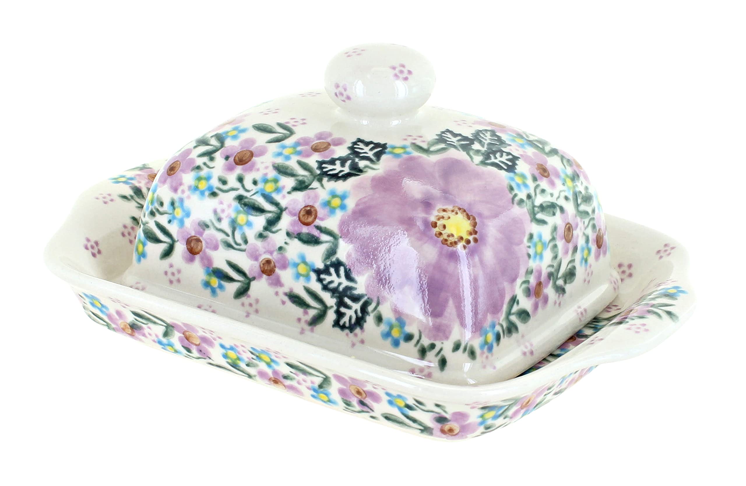 Blue Rose Polish Pottery Lilac Garden Square Butter Dish - Elegant Ceramic Butter Keeper for Dining Table, Kitchen Decor, and Gift Giving