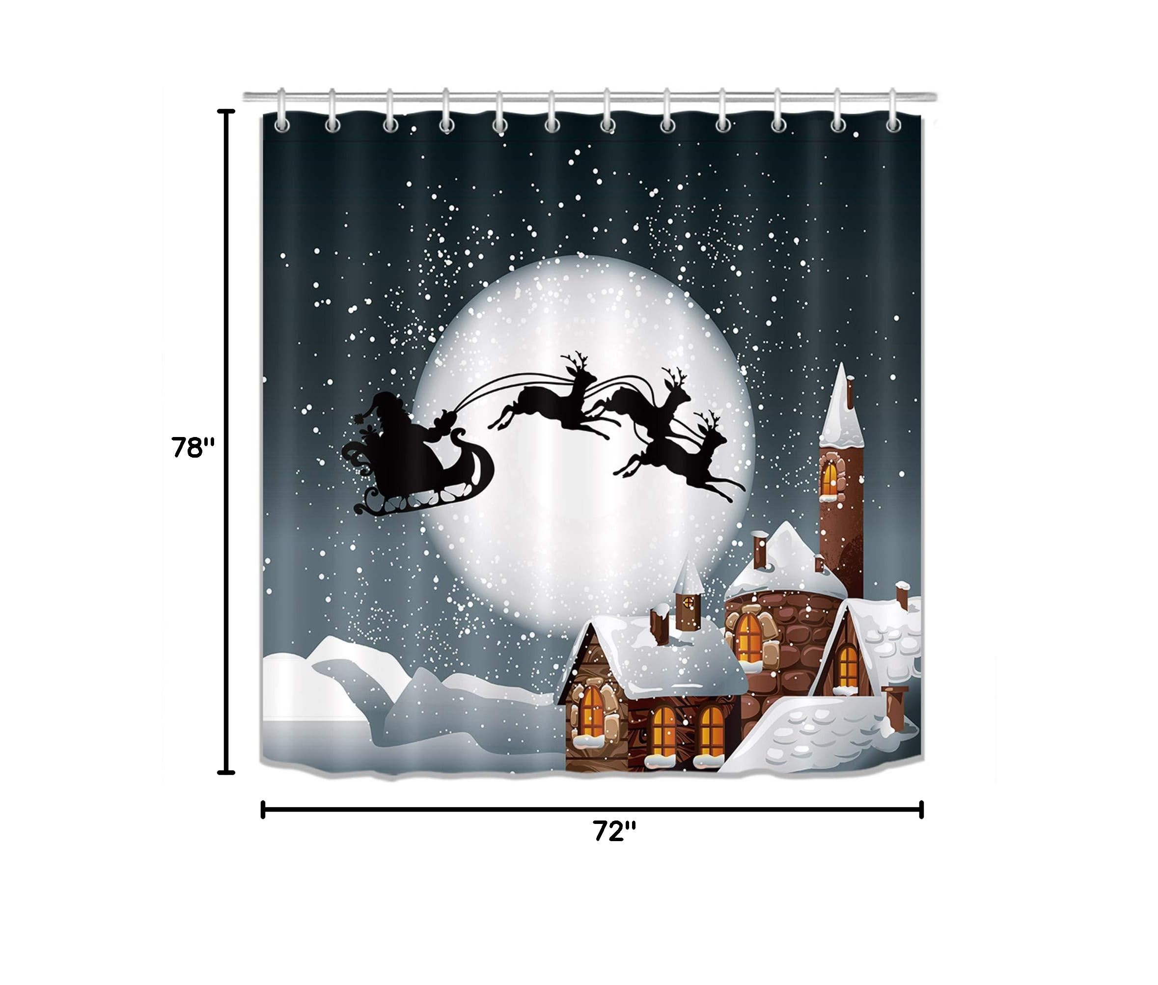 Christmas Santa Claus Sleigh Chimney Shower Curtain - 72x78 Inch Extra Long Waterproof Polyester Fabric Bathroom Decor with Hooks | Holiday Bathroom Decorations, Festive Home Decor for Xmas & New Year