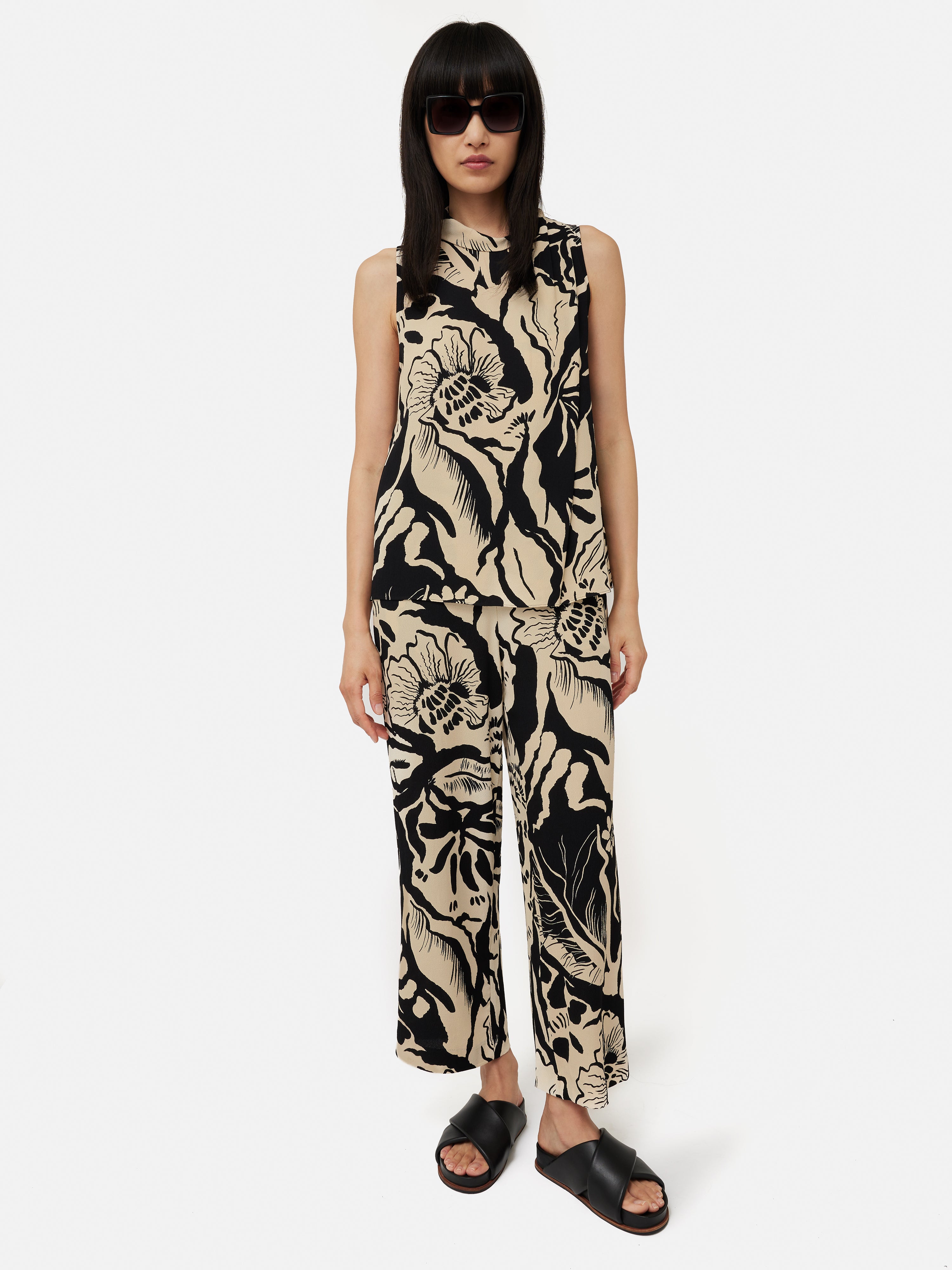 Floral Print Cowl Neck Top for Women - Elegant Monochrome Blouse for Casual Wear, Office & Date Night