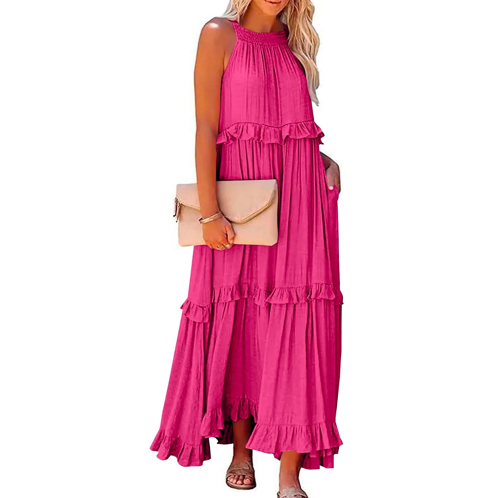 2024 Women's Summer Boho Halter Maxi Dress - Sleeveless Pleated Tiered Swing Dress for Wedding Guest, Beach Vacation & Casual Outings