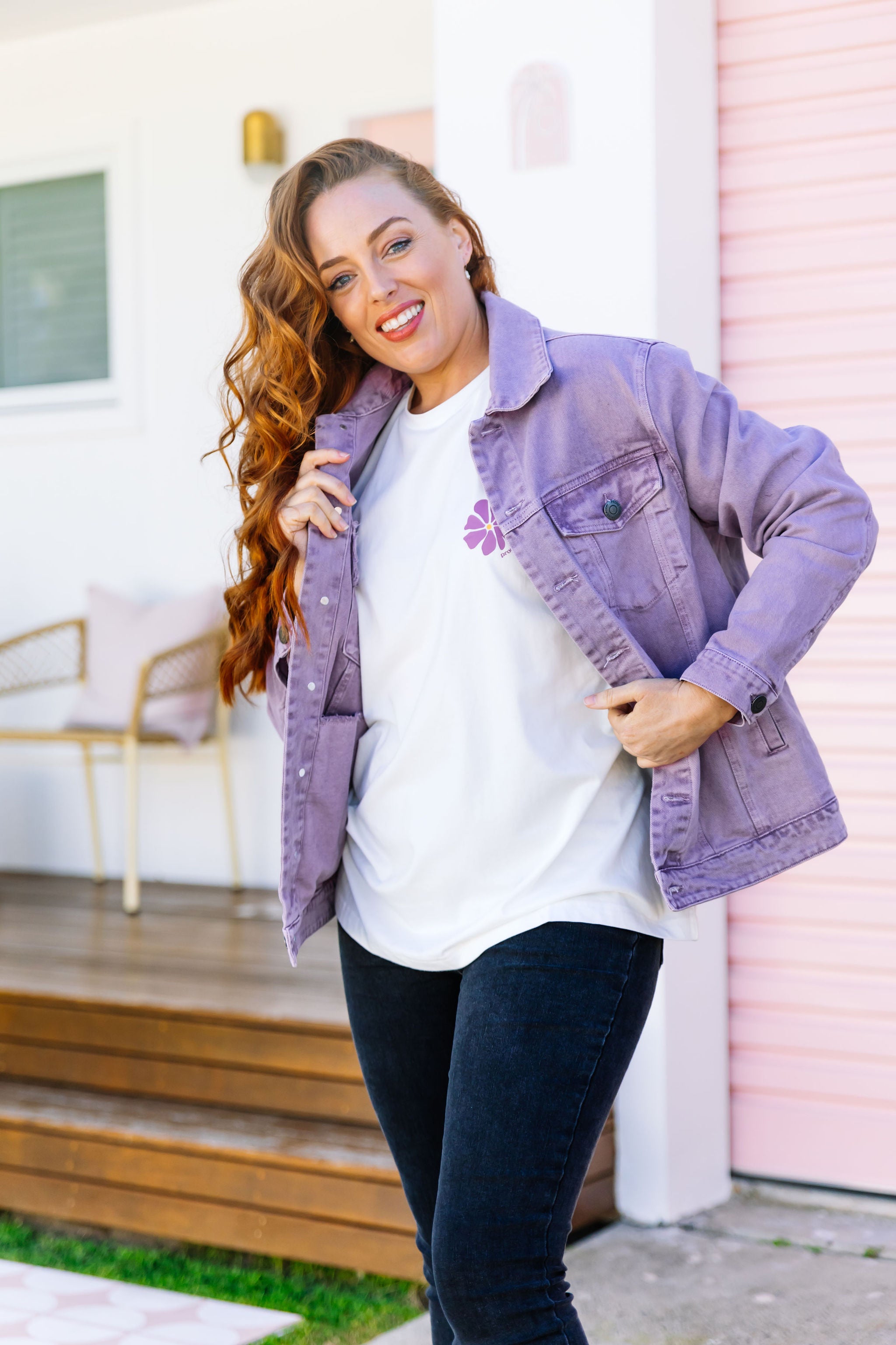 Hayden Boyfriend Denim Jacket in Washed Purple | Vintage Style Women's Distressed Denim Jacket | Perfect for Casual Outfits, Streetwear & Fall Layering